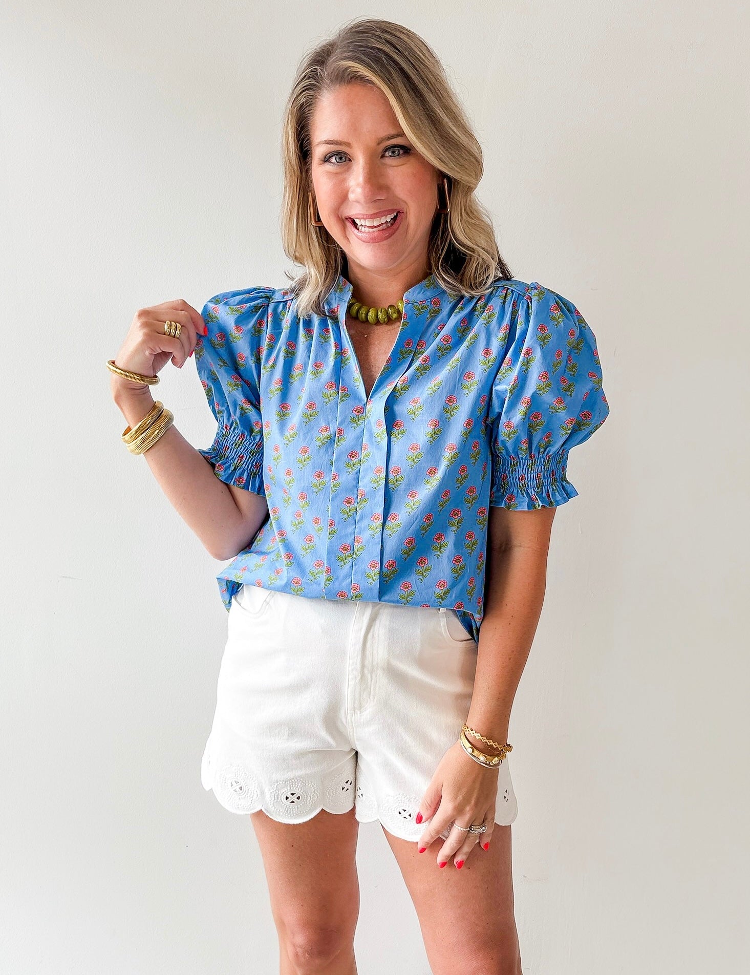 Smocked Cuff Placket Floral Top