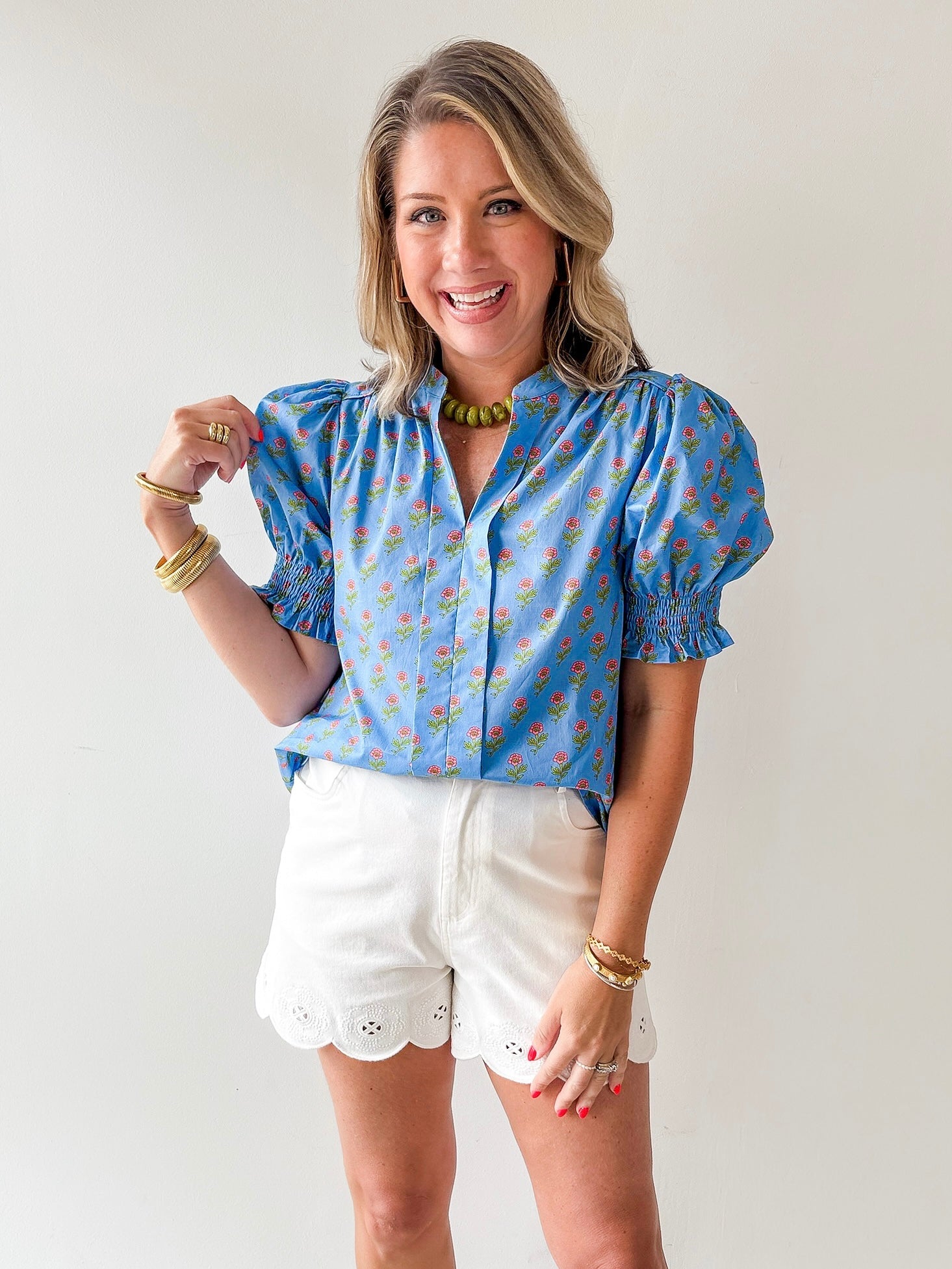 Smocked Cuff Placket Floral Top