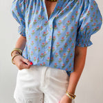 Smocked Cuff Placket Floral Top