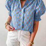 Smocked Cuff Placket Floral Top