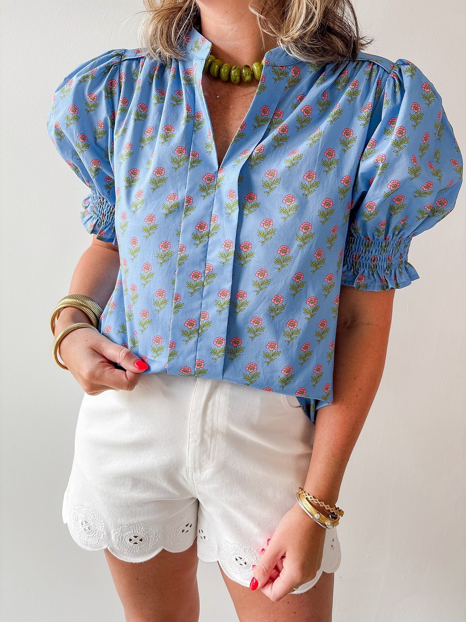 Smocked Cuff Placket Floral Top