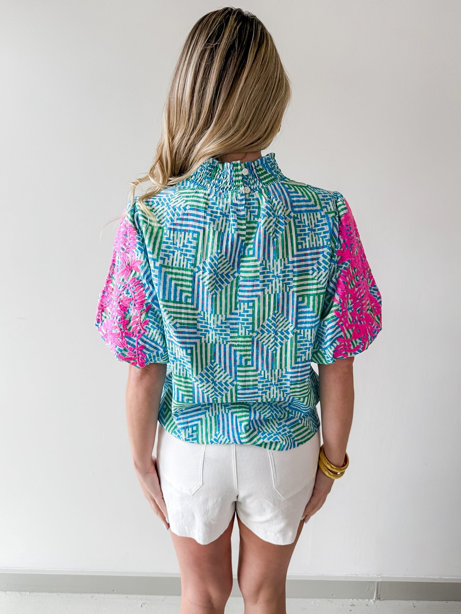 Smocked Neck Bubble Sleeve Top