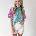 Smocked Neck Bubble Sleeve Top