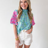 Smocked Neck Bubble Sleeve Top