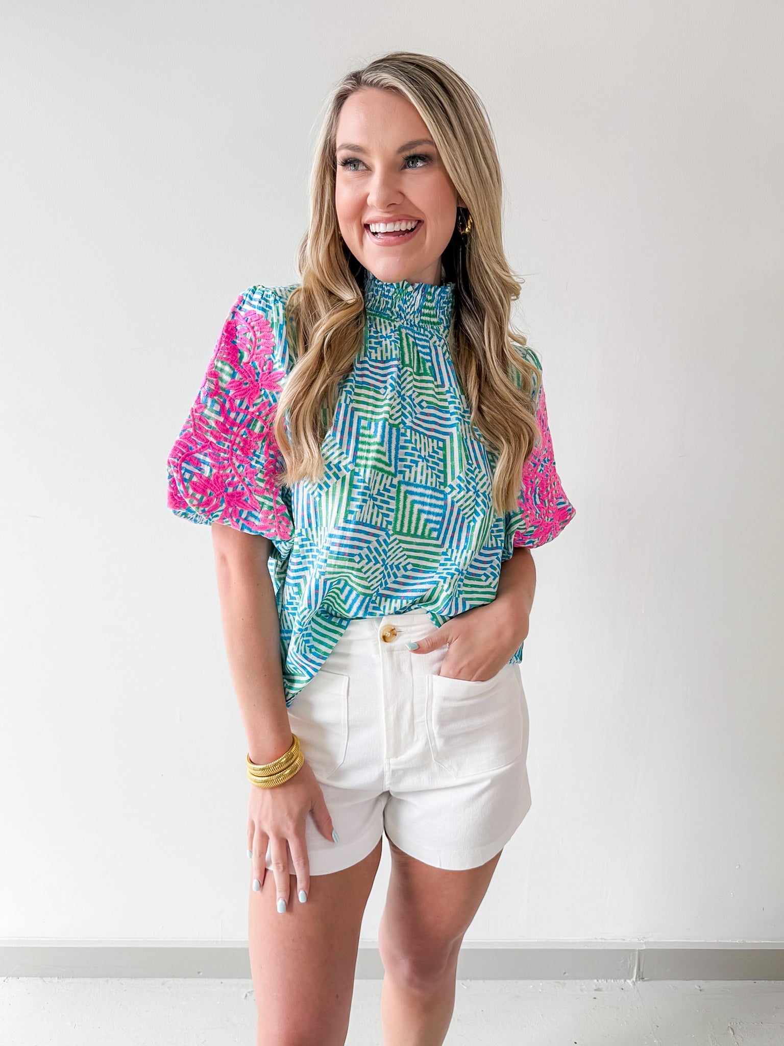 Smocked Neck Bubble Sleeve Top