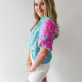 Smocked Neck Bubble Sleeve Top
