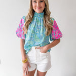Smocked Neck Bubble Sleeve Top