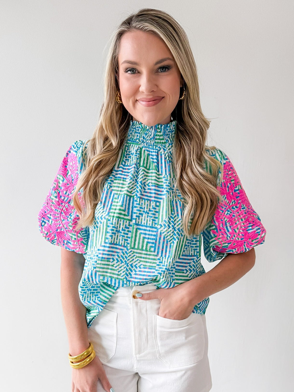 Smocked Neck Bubble Sleeve Top