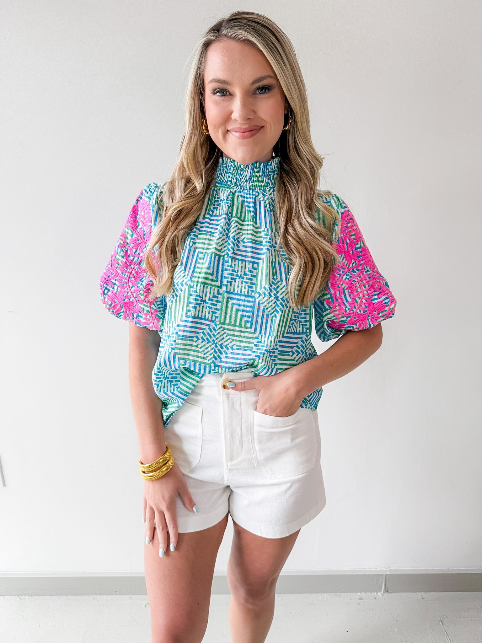 Smocked Neck Bubble Sleeve Top