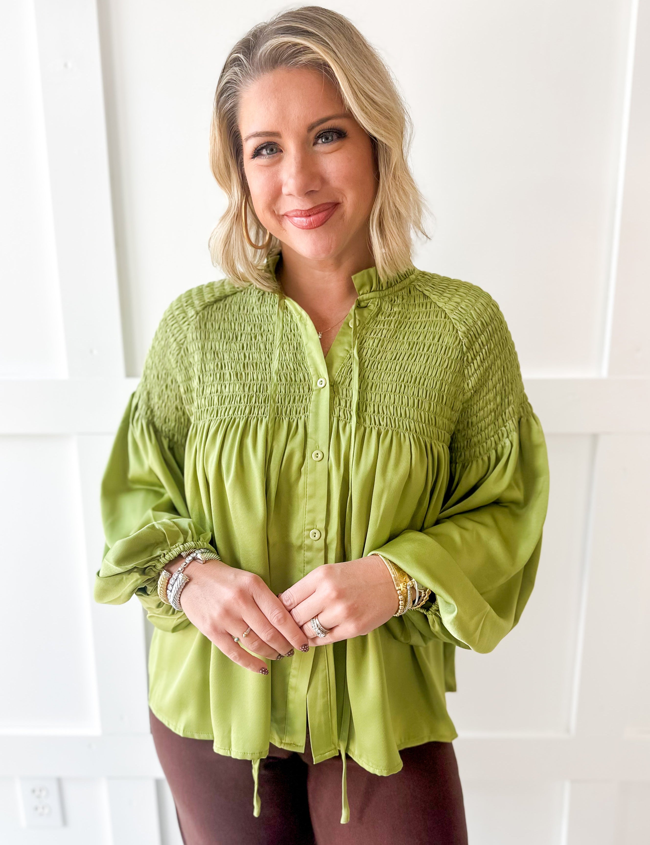 Smocked Satin Top - Teal Leaf