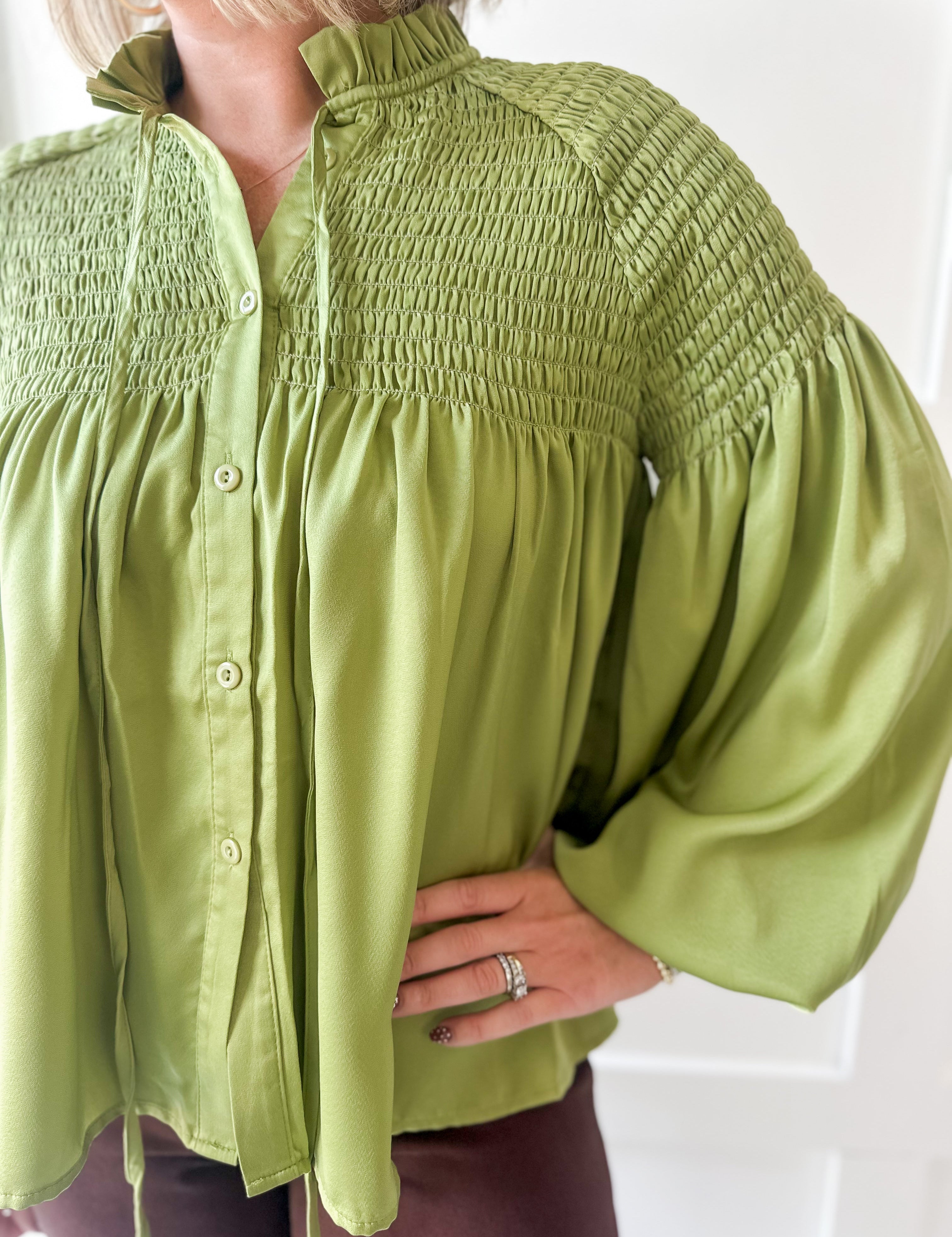 Smocked Satin Top - Teal Leaf