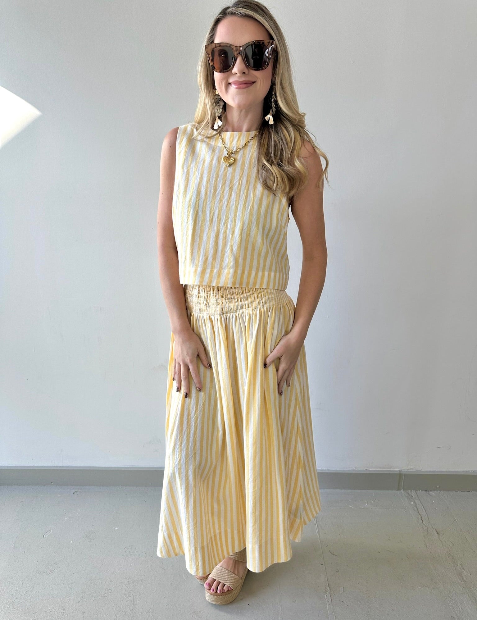 Smocked Stripe Top & Maxi Skirt Set - Yellow