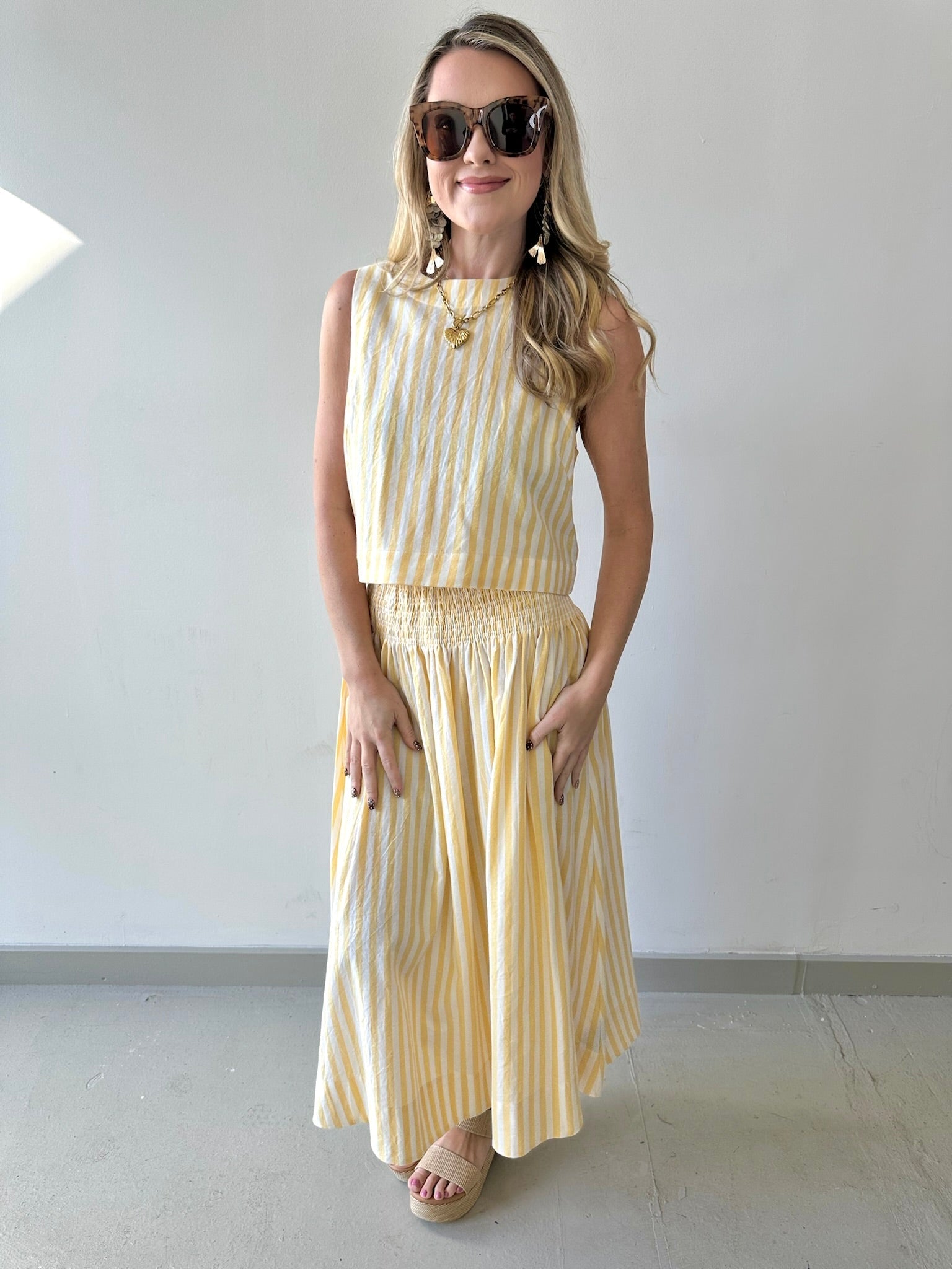 Smocked Stripe Top & Maxi Skirt Set - Yellow