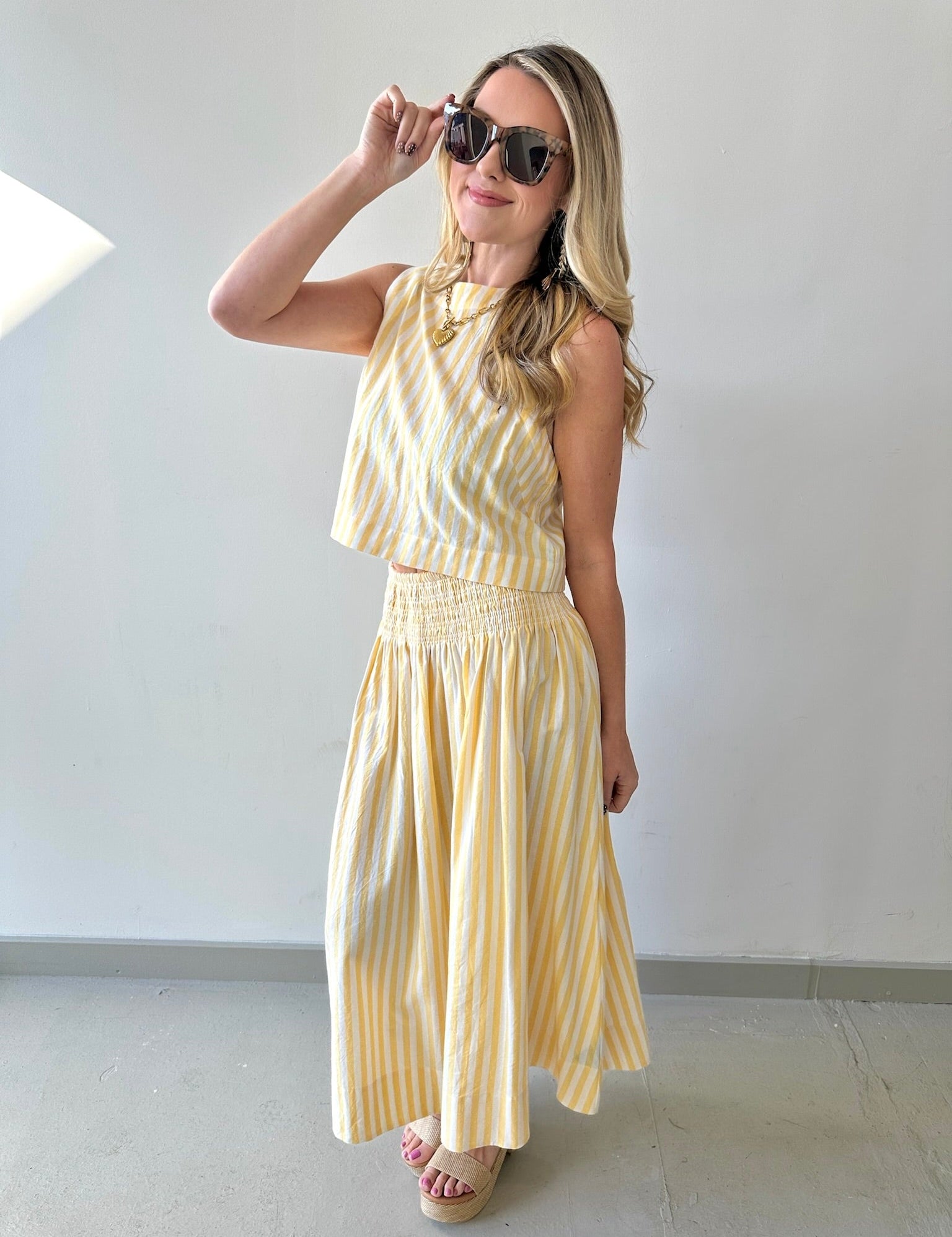 Smocked Stripe Top & Maxi Skirt Set - Yellow