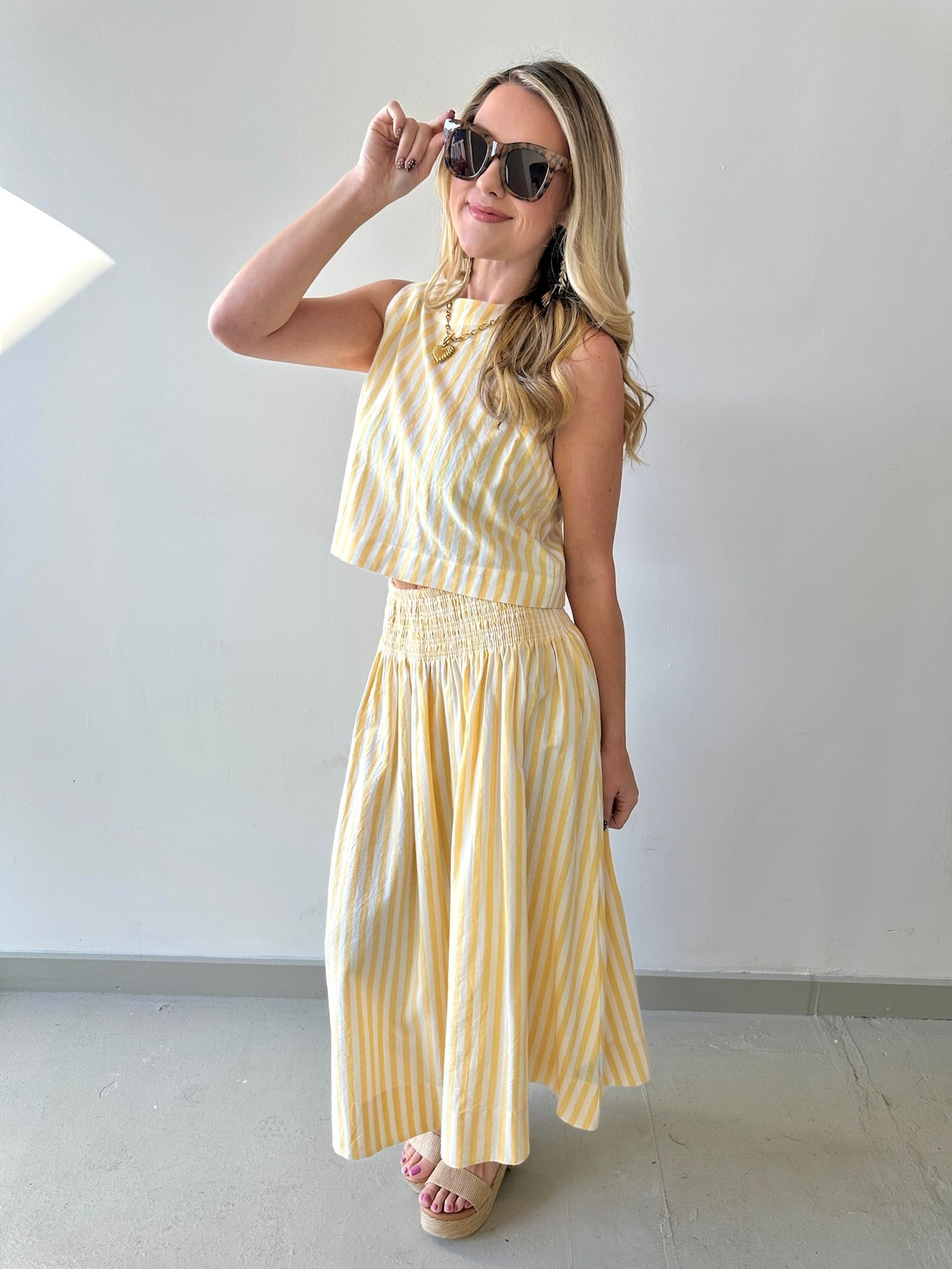 Smocked Stripe Top & Maxi Skirt Set - Yellow