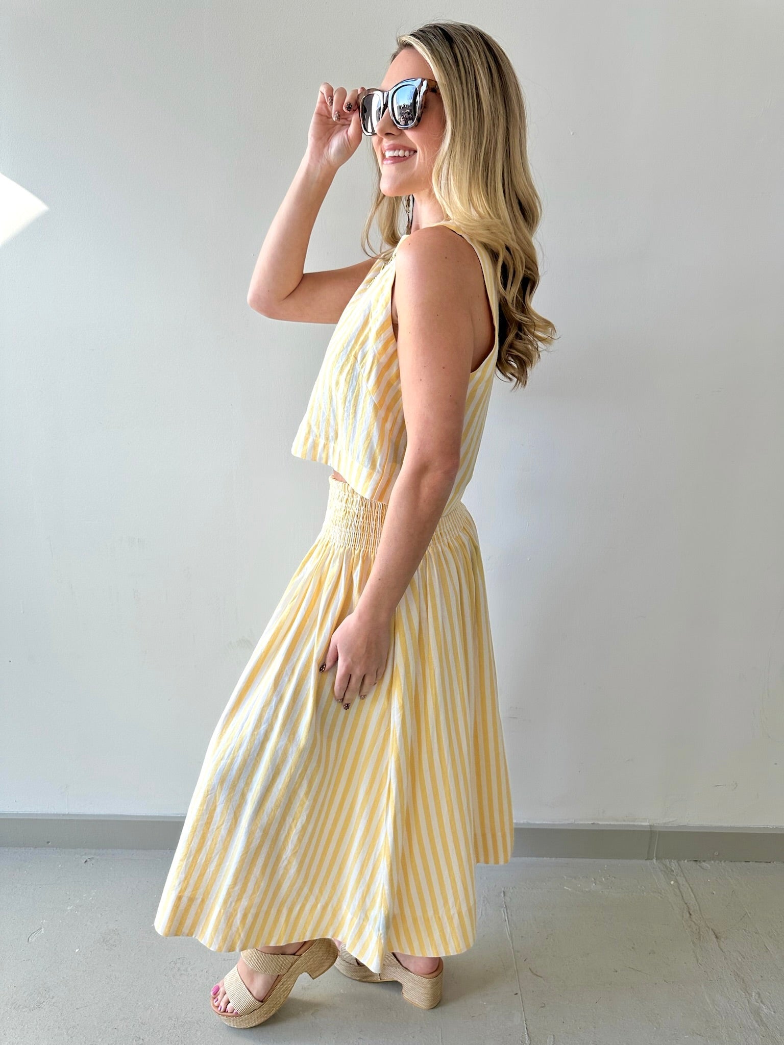 Smocked Stripe Top & Maxi Skirt Set - Yellow