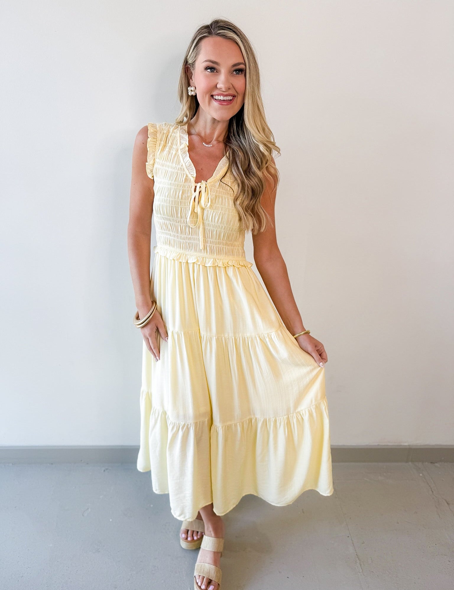 Smocked Tie Ruffled Midi Dress - Yellow