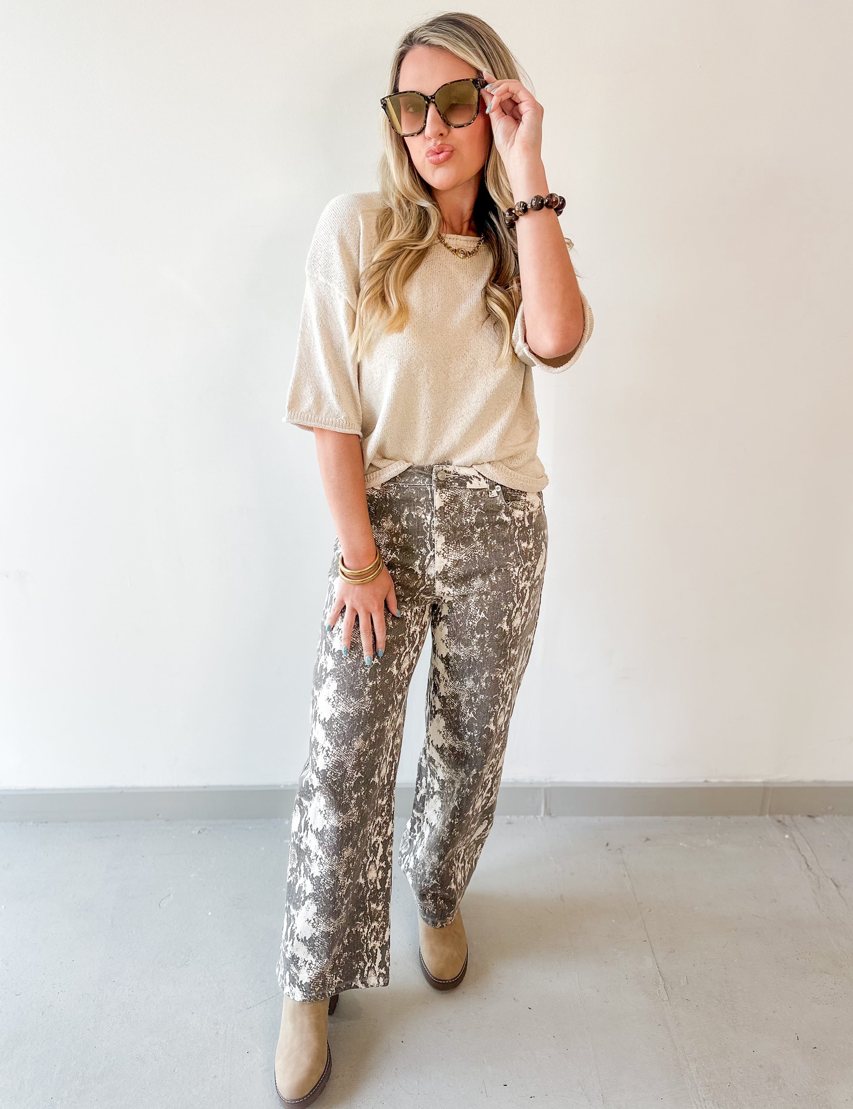 Snake Print Cropped Wide Leg Pants- Ecru