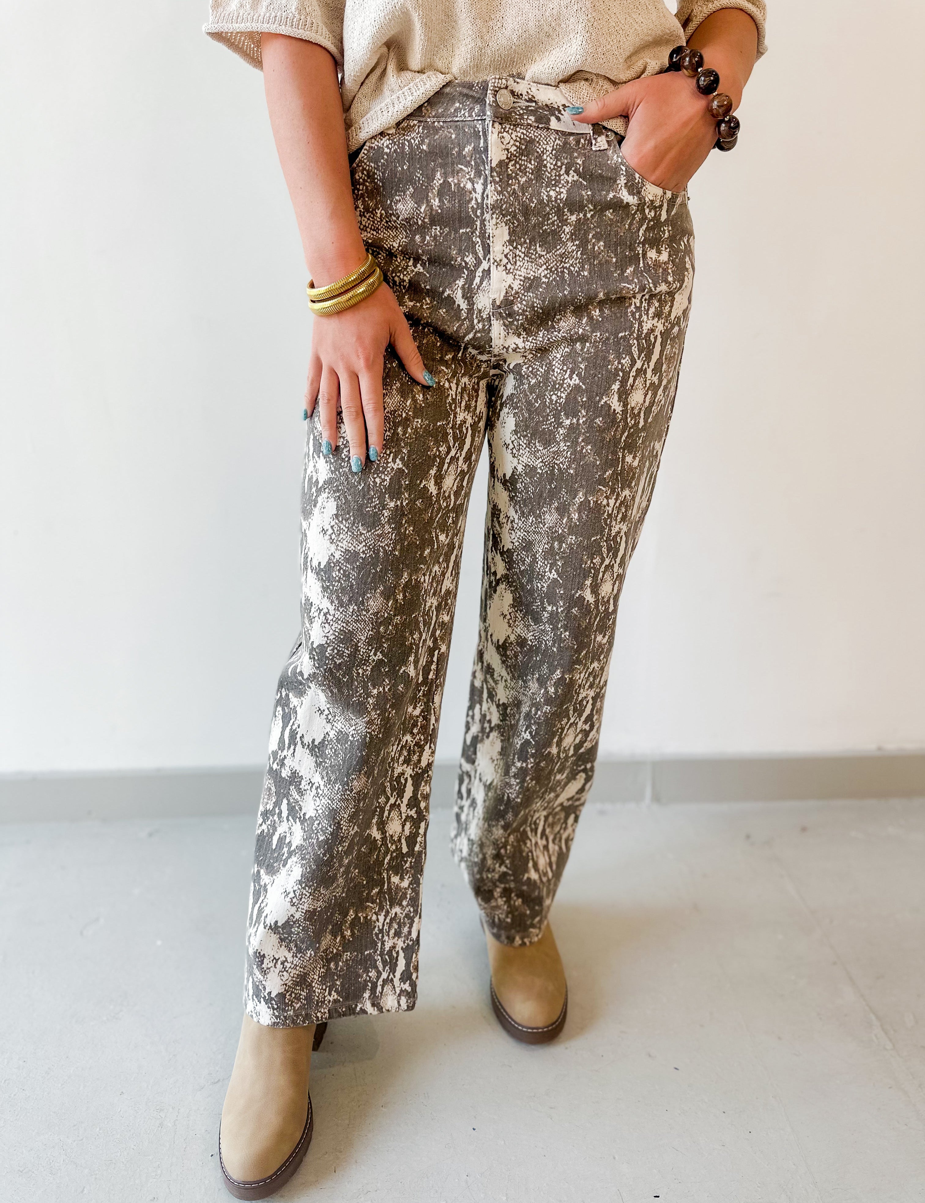 Snake Print Cropped Wide Leg Pants- Ecru
