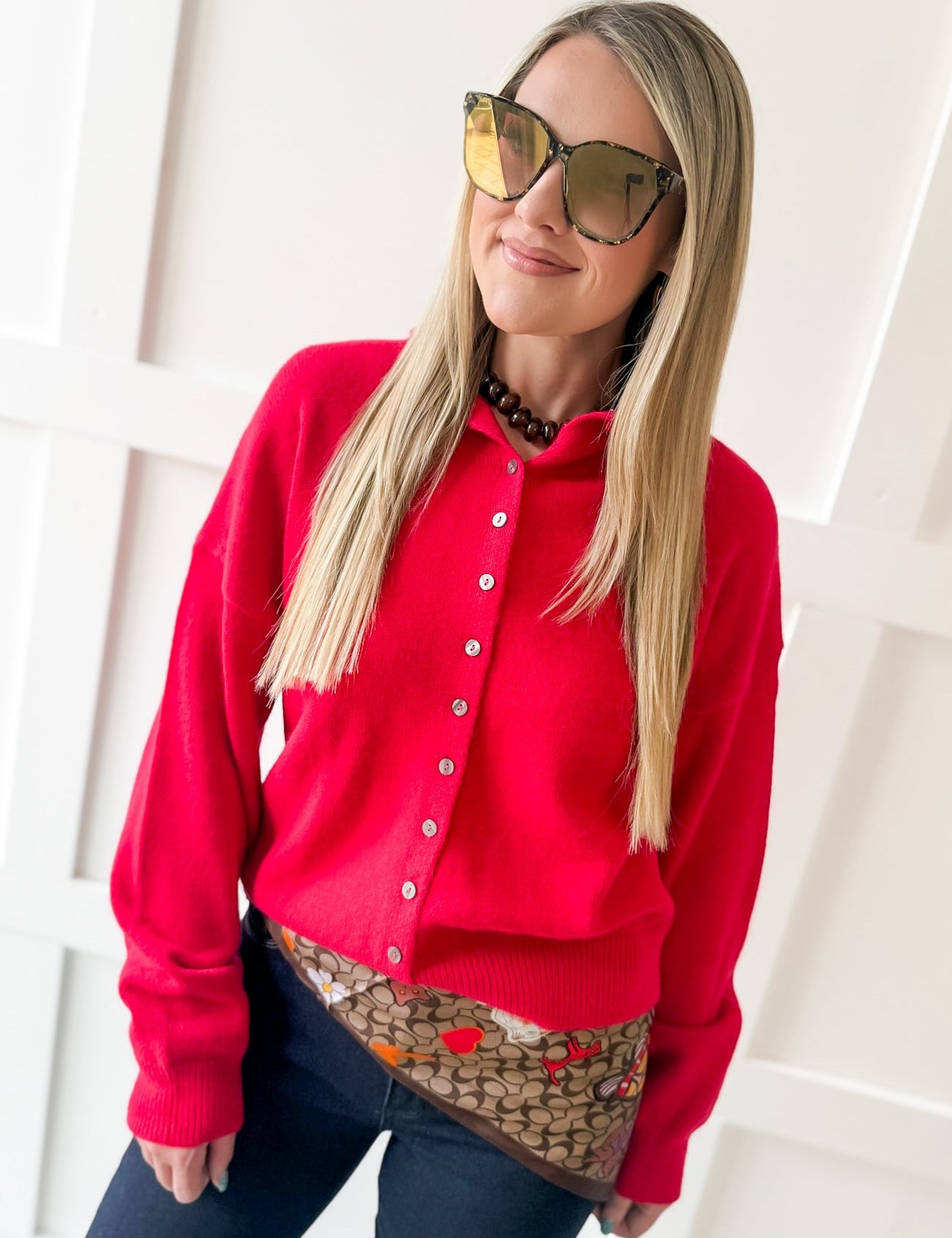 Soft Buttoned Knit Top- Red