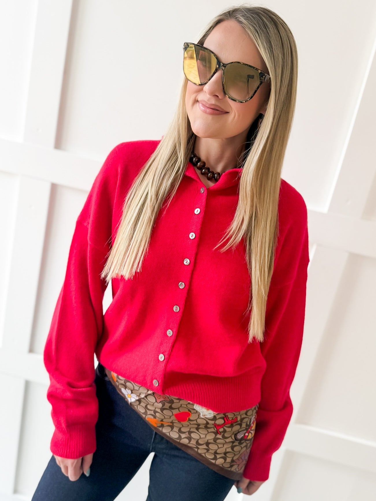 Soft Buttoned Knit Top- Red
