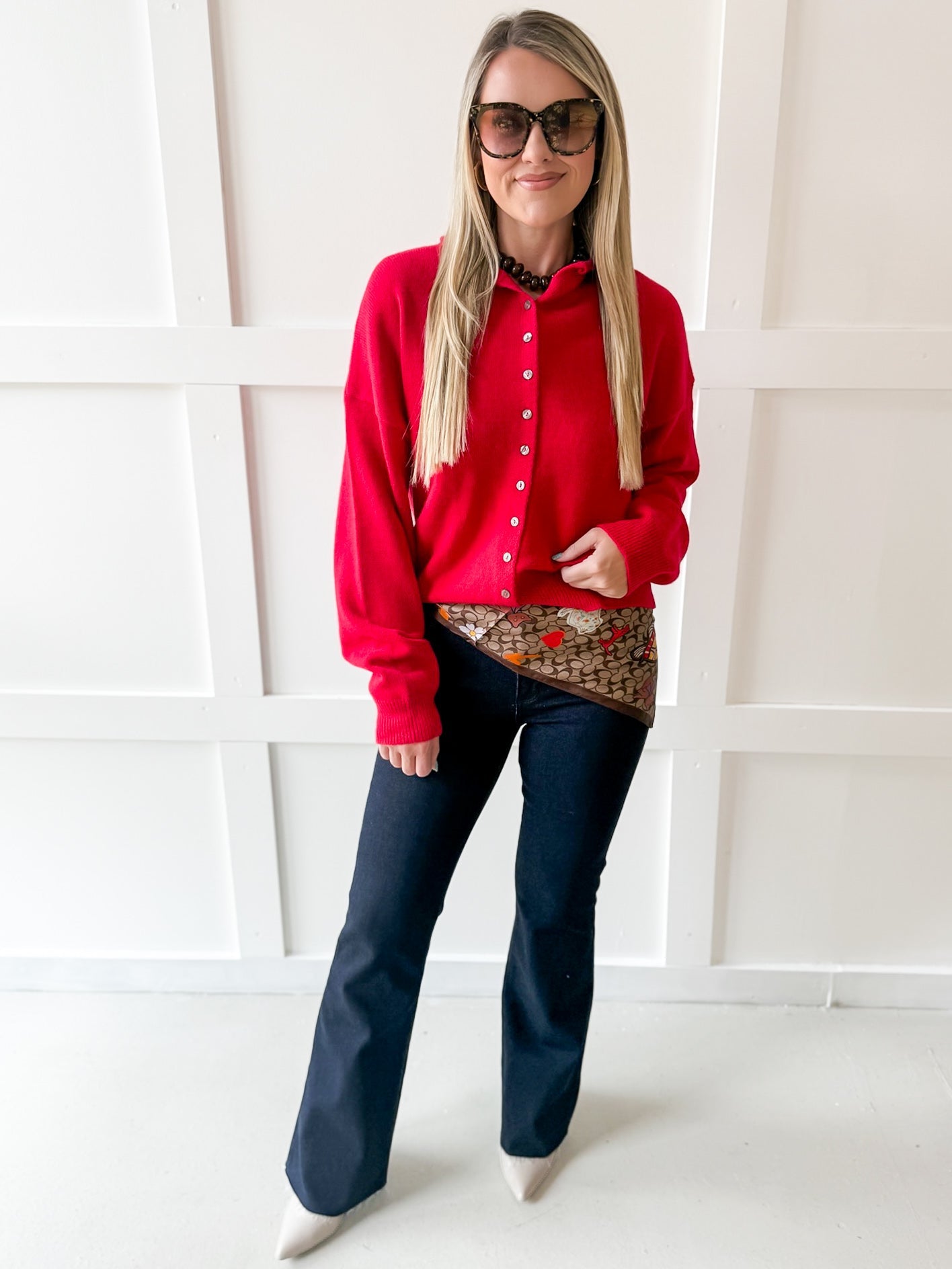 Soft Buttoned Knit Top- Red