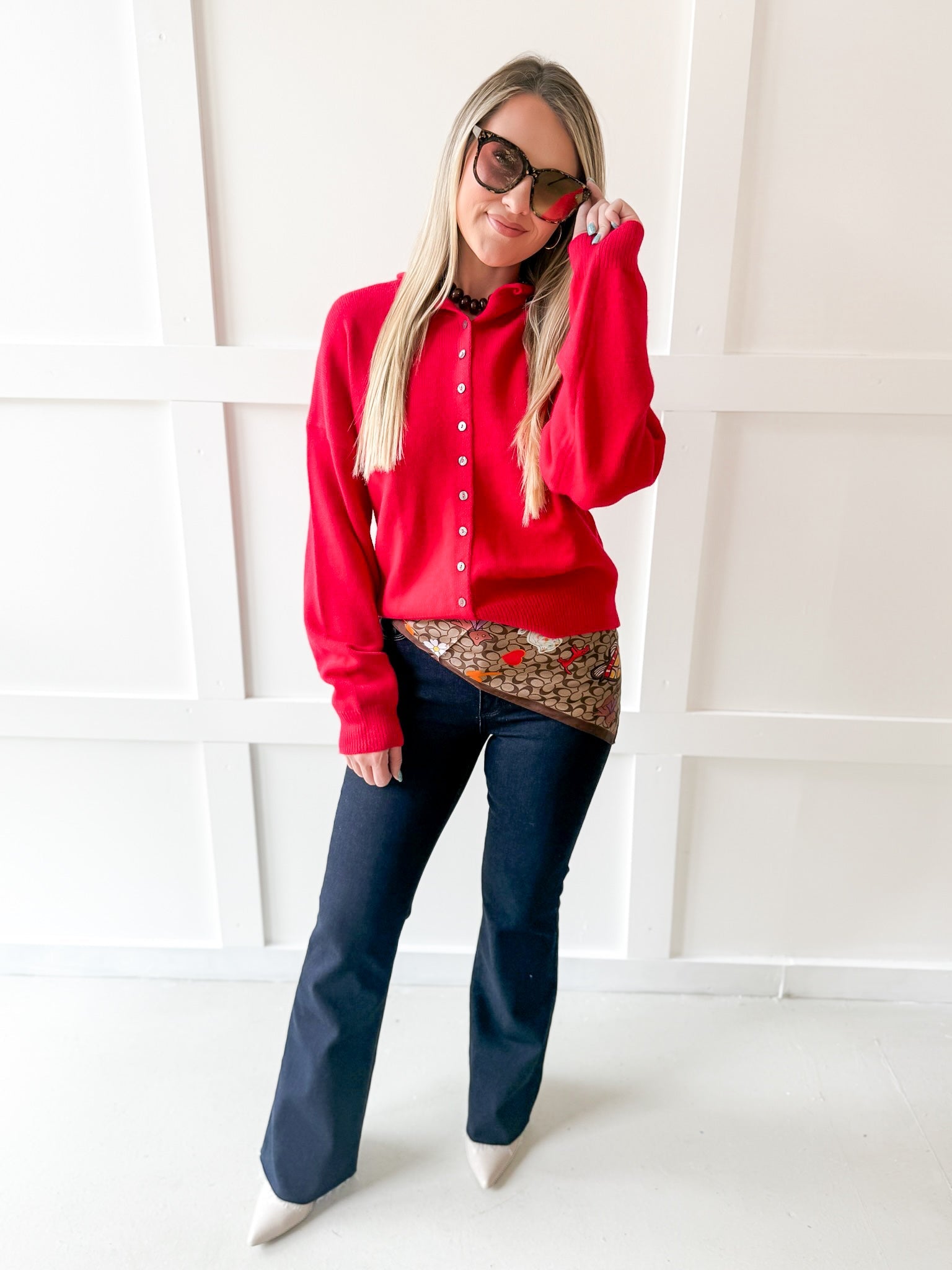 Soft Buttoned Knit Top- Red