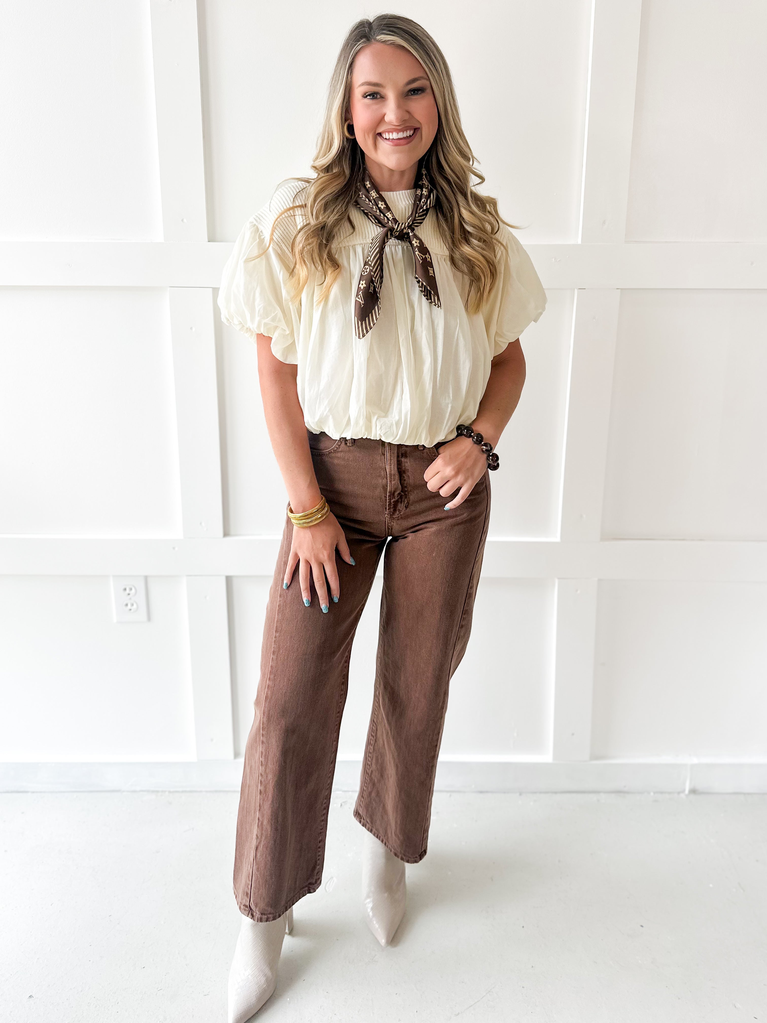 Soft Mixed Cotton Bubble Top - Ivory