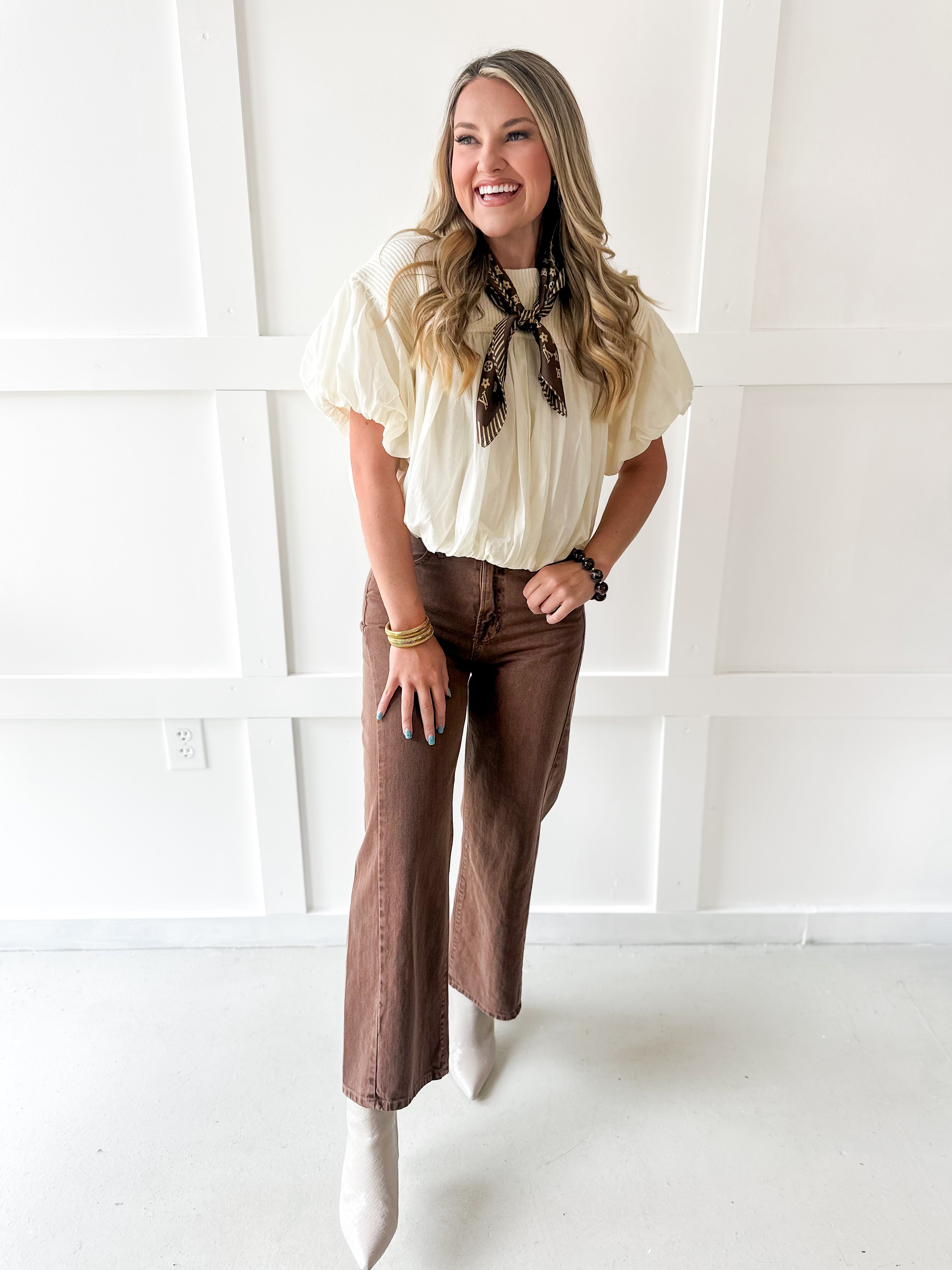 Soft Mixed Cotton Bubble Top - Ivory
