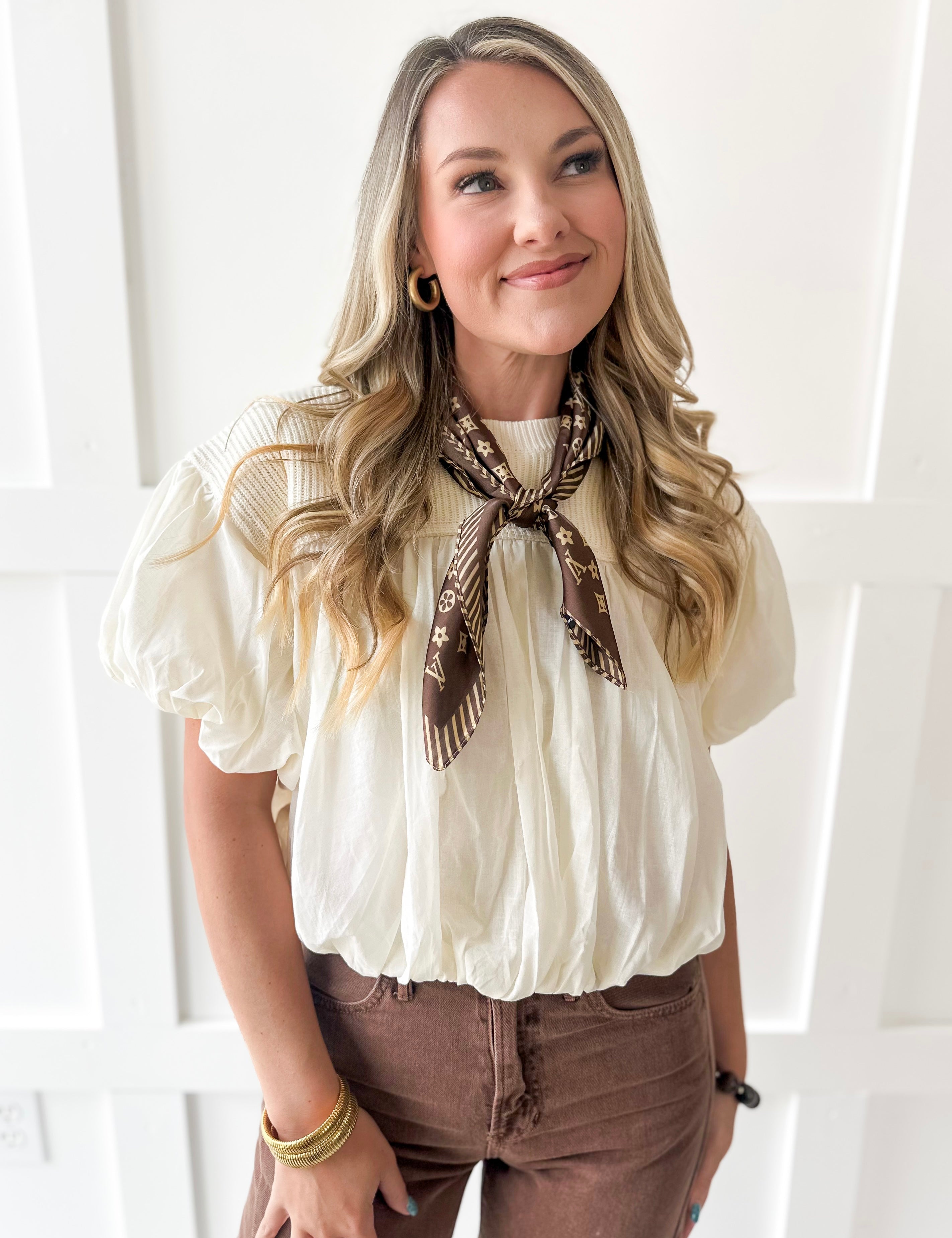 Soft Mixed Cotton Bubble Top - Ivory