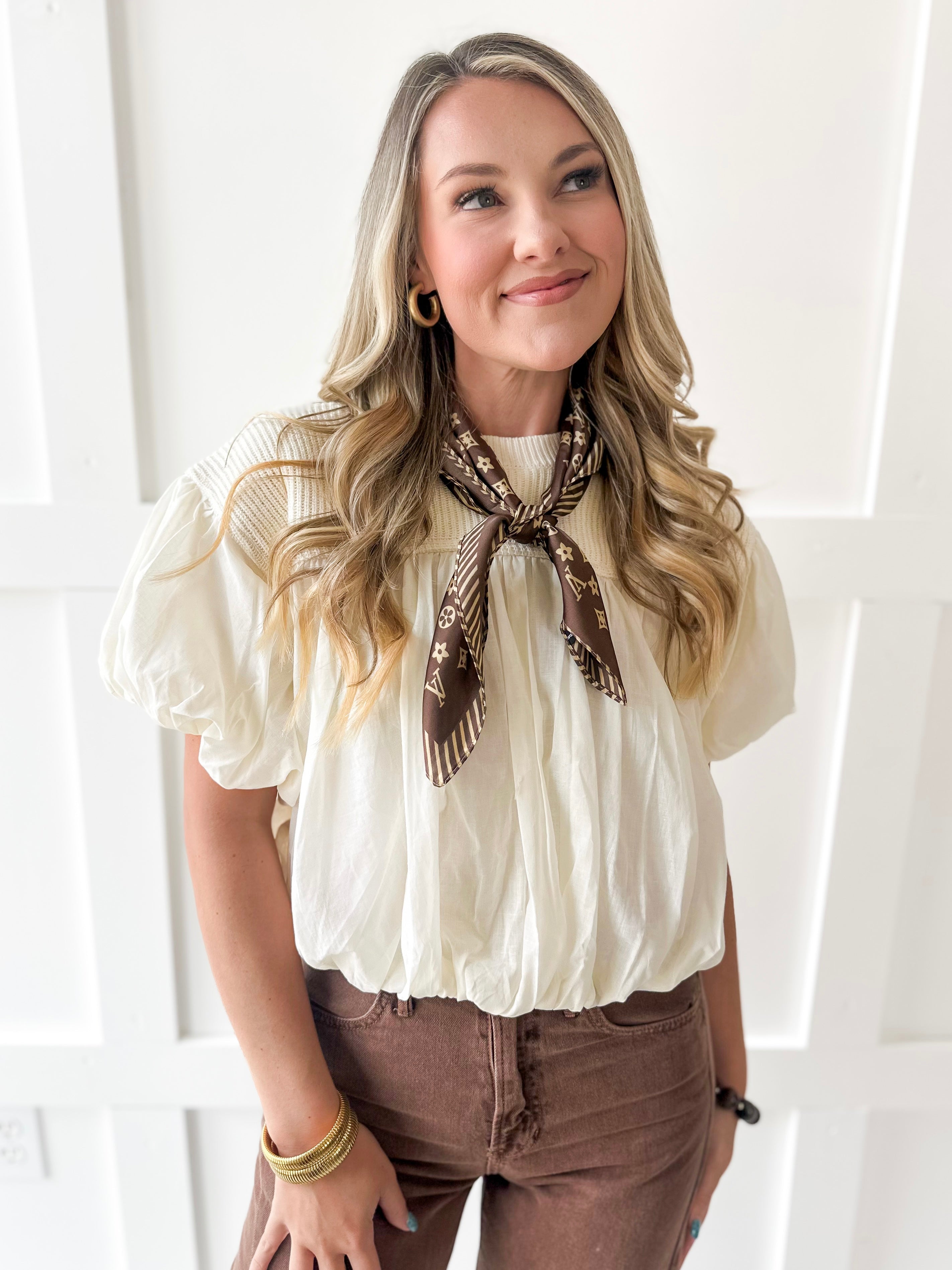 Soft Mixed Cotton Bubble Top - Ivory