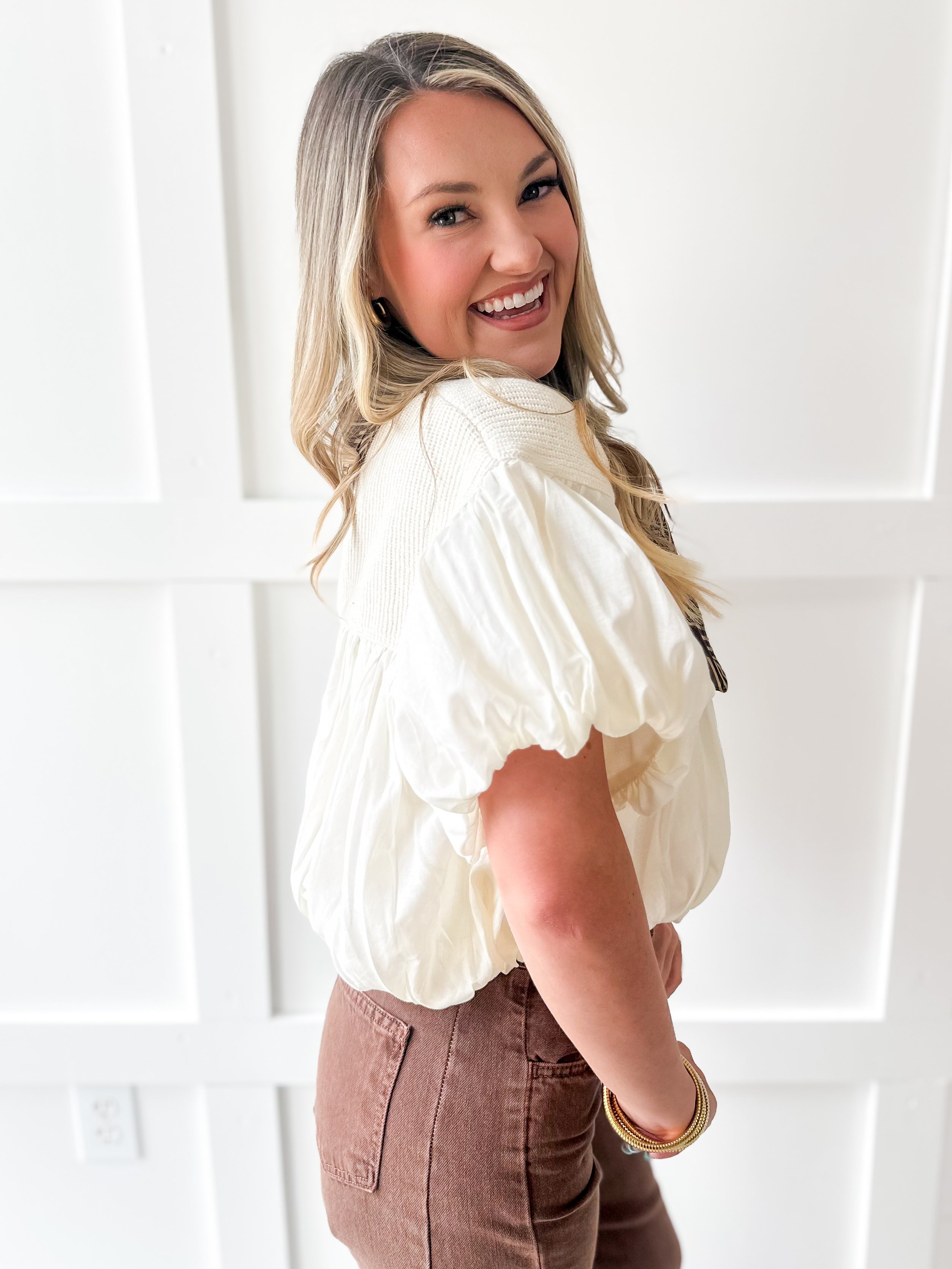 Soft Mixed Cotton Bubble Top - Ivory
