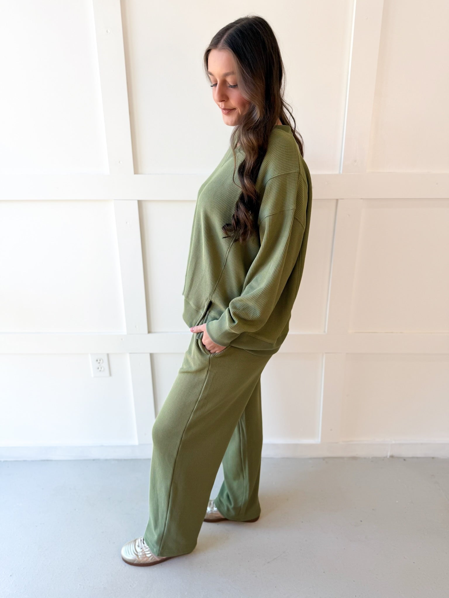 Soft Waffle & Wide Pant Set - Olive