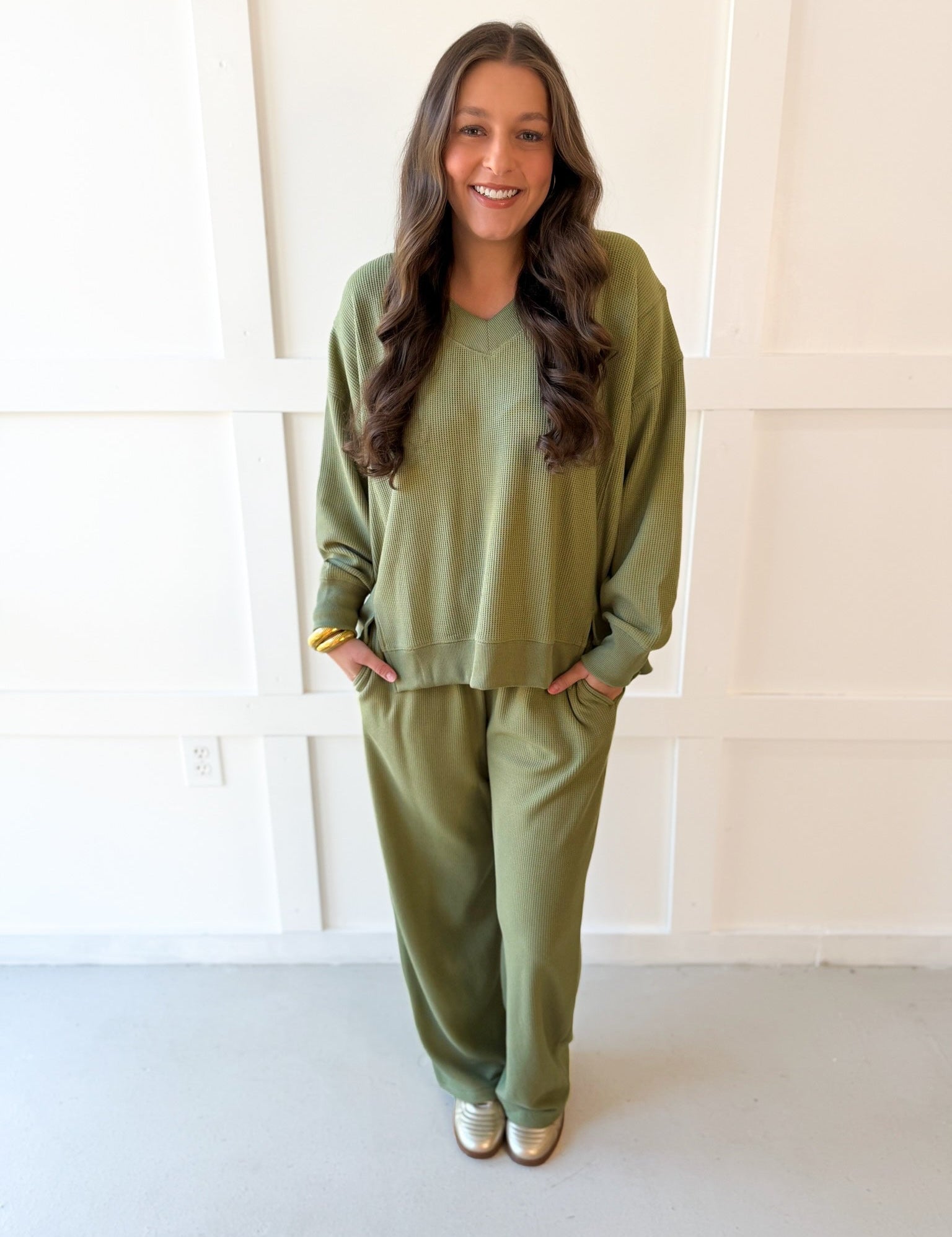 Soft Waffle & Wide Pant Set - Olive