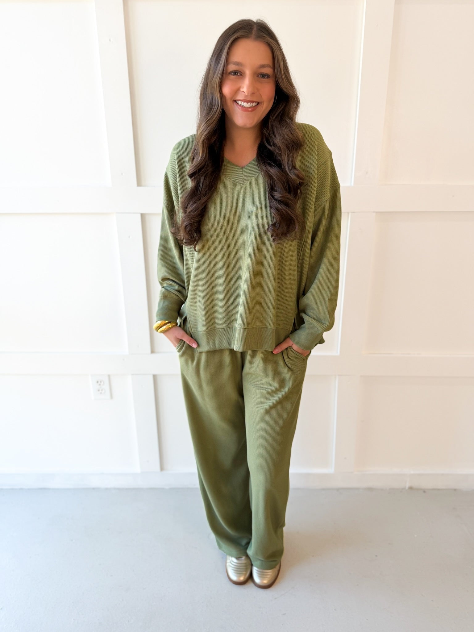 Soft Waffle & Wide Pant Set - Olive