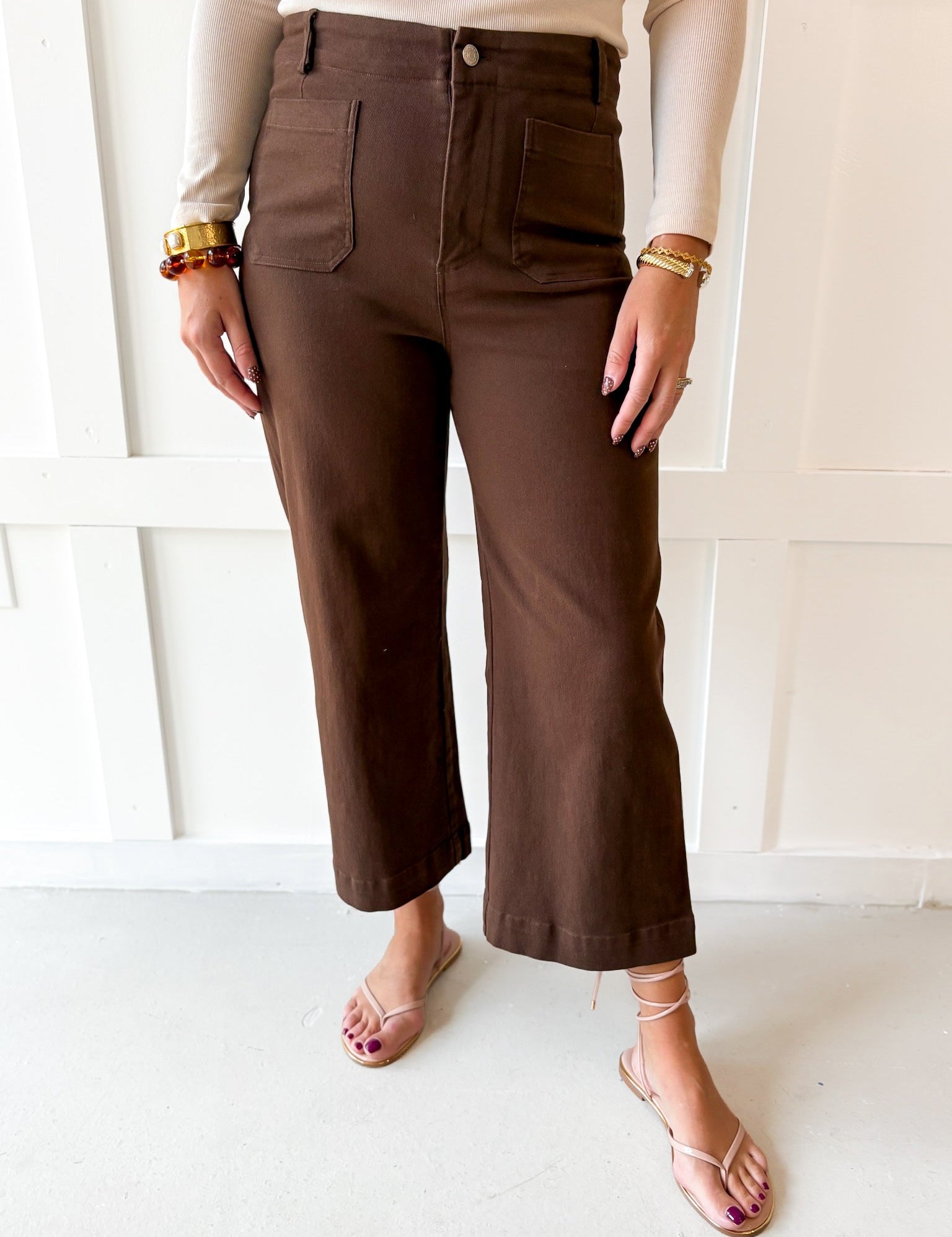 Soft washed wide leg pants- Brown