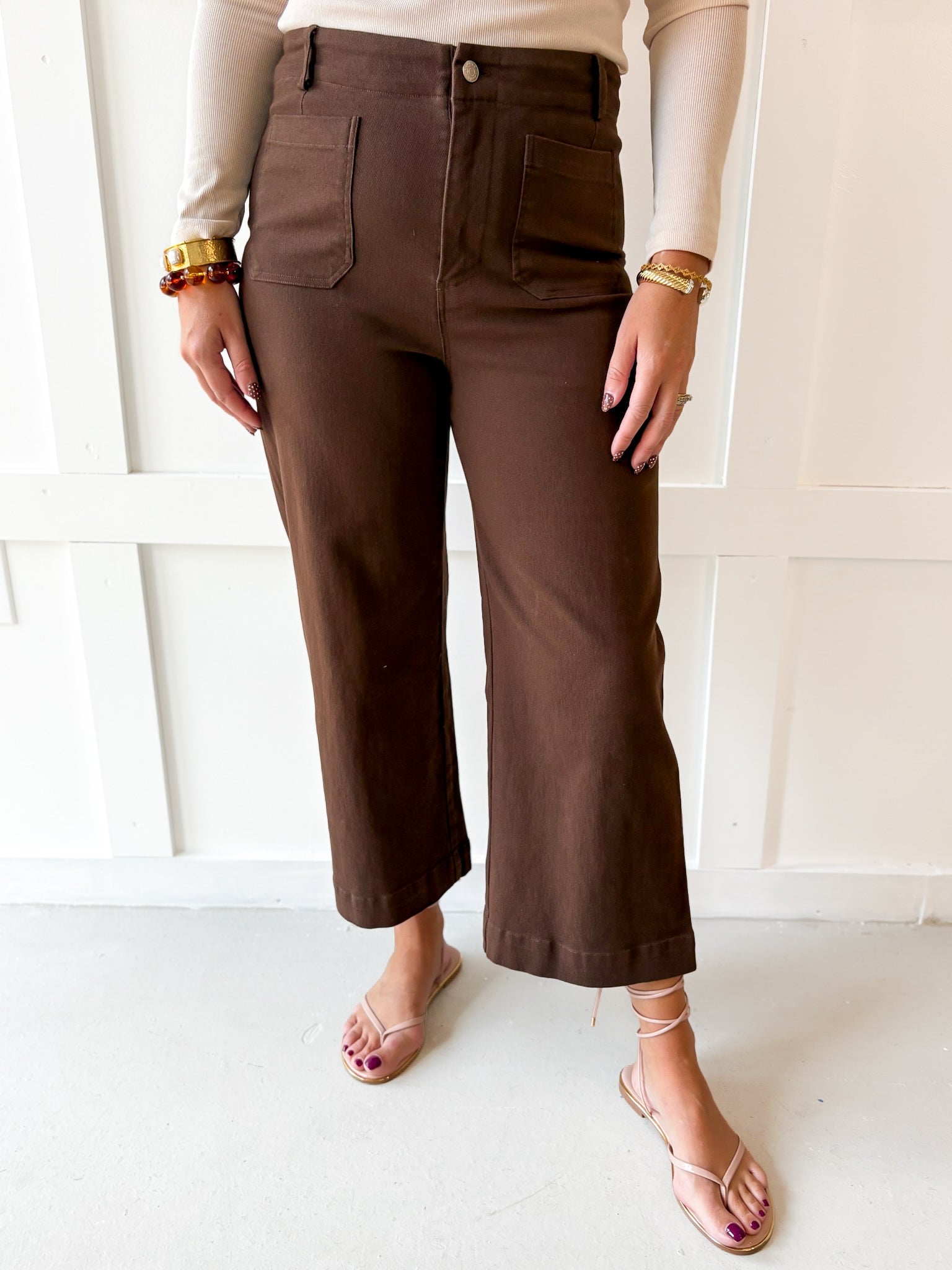 Soft washed wide leg pants- Brown