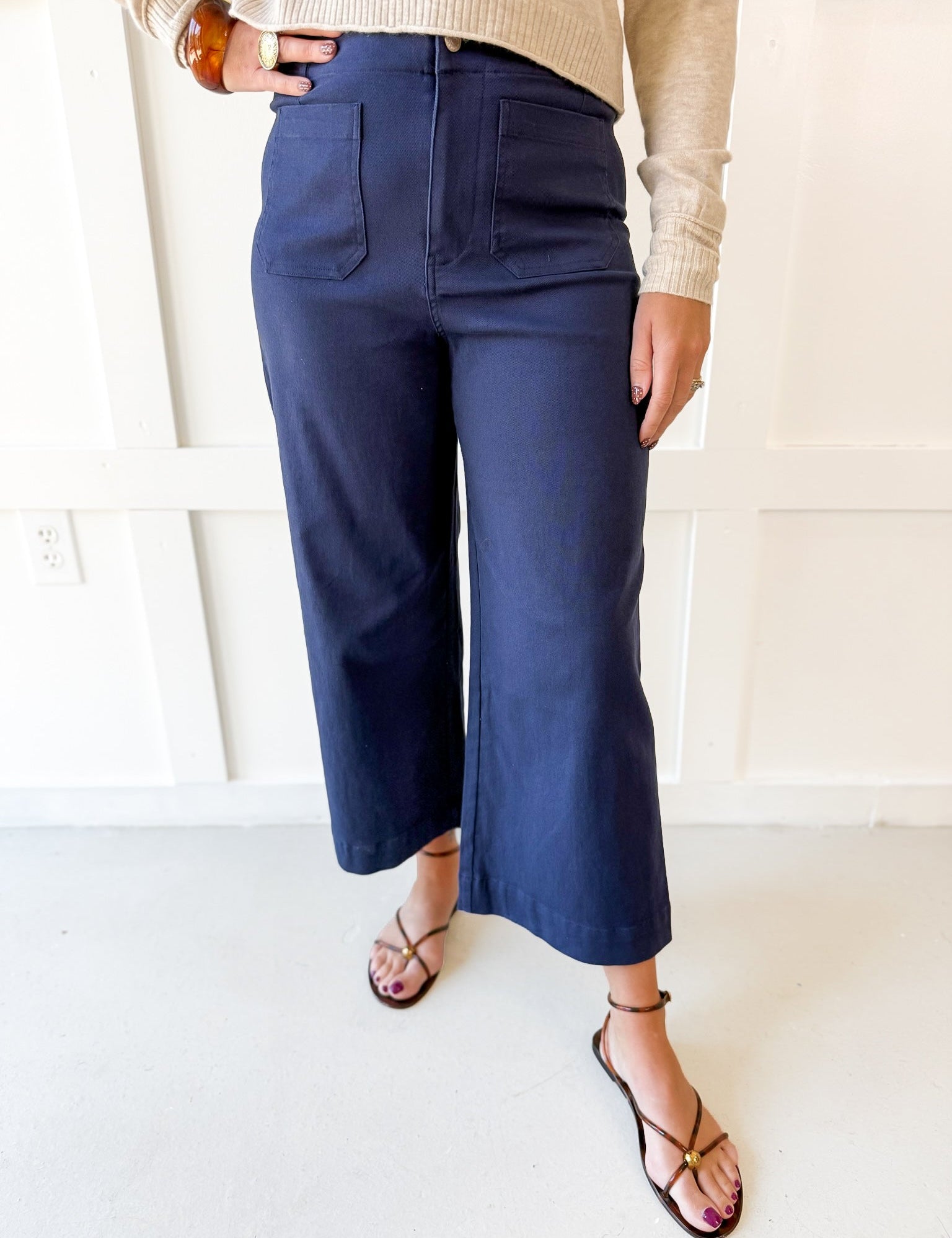 Soft Washed Wide Leg Pants -Navy