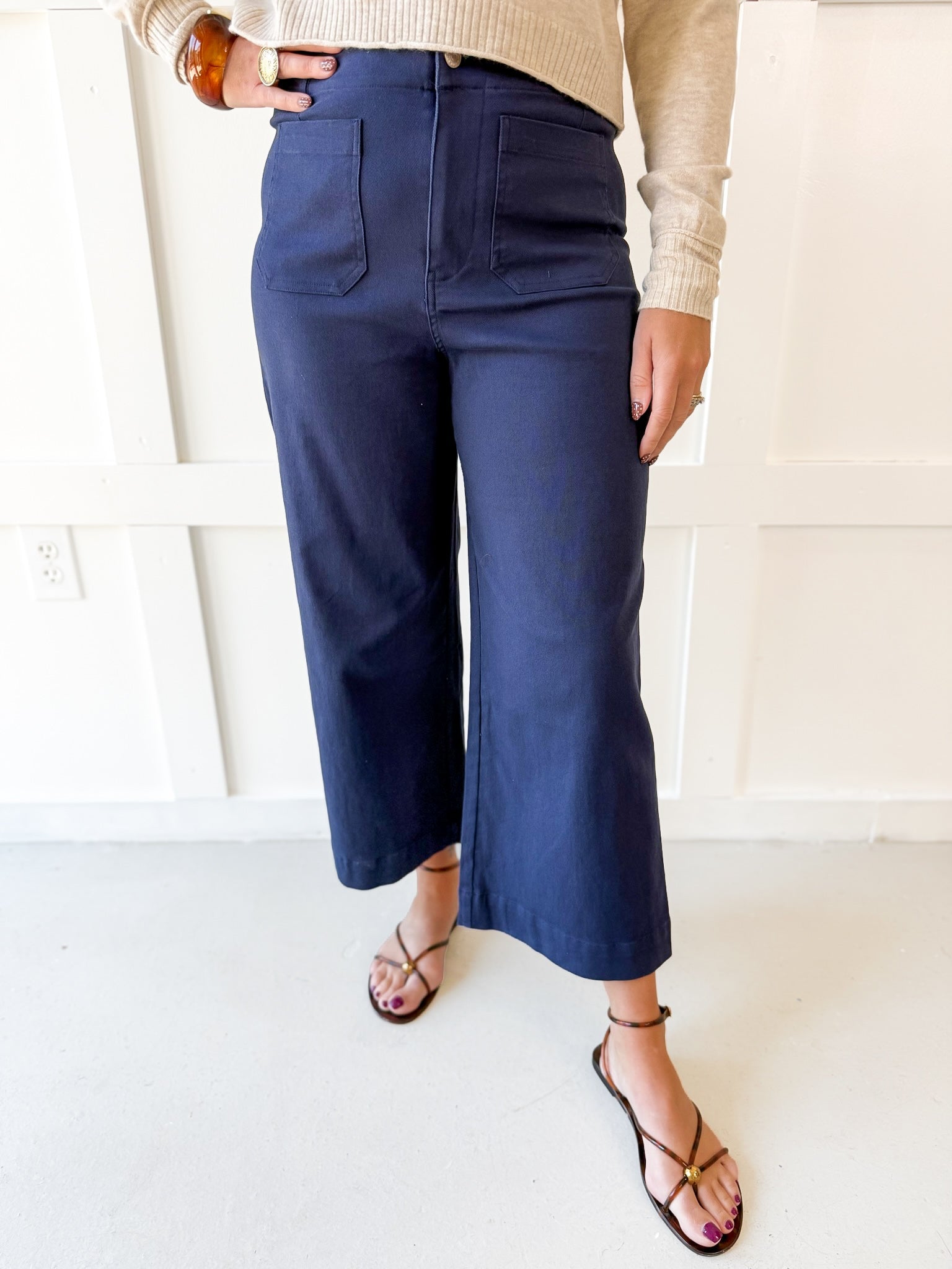 Soft Washed Wide Leg Pants -Navy