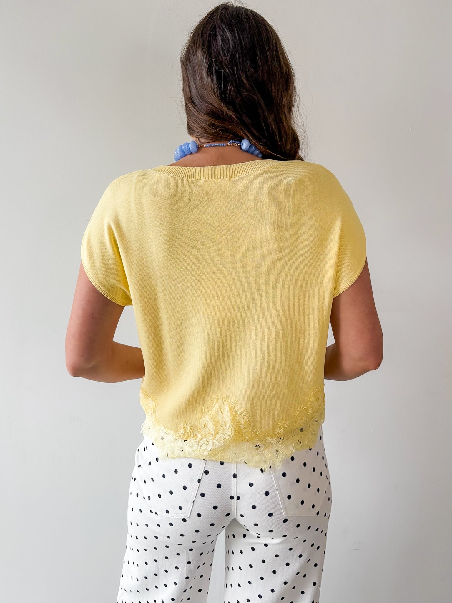 Solid Cap Sleeve Knit top with Lace Trim Hem