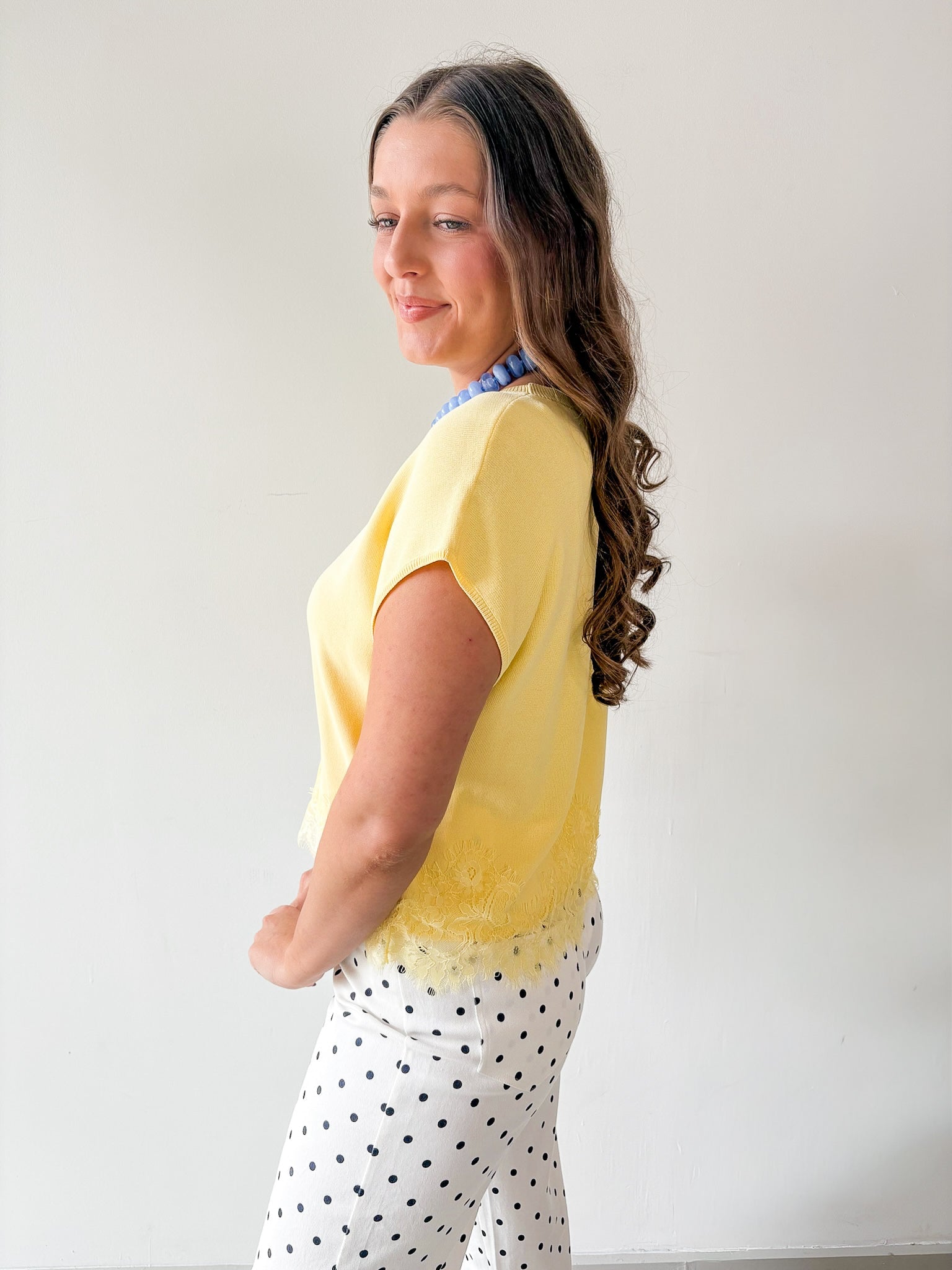 Solid Cap Sleeve Knit top with Lace Trim Hem