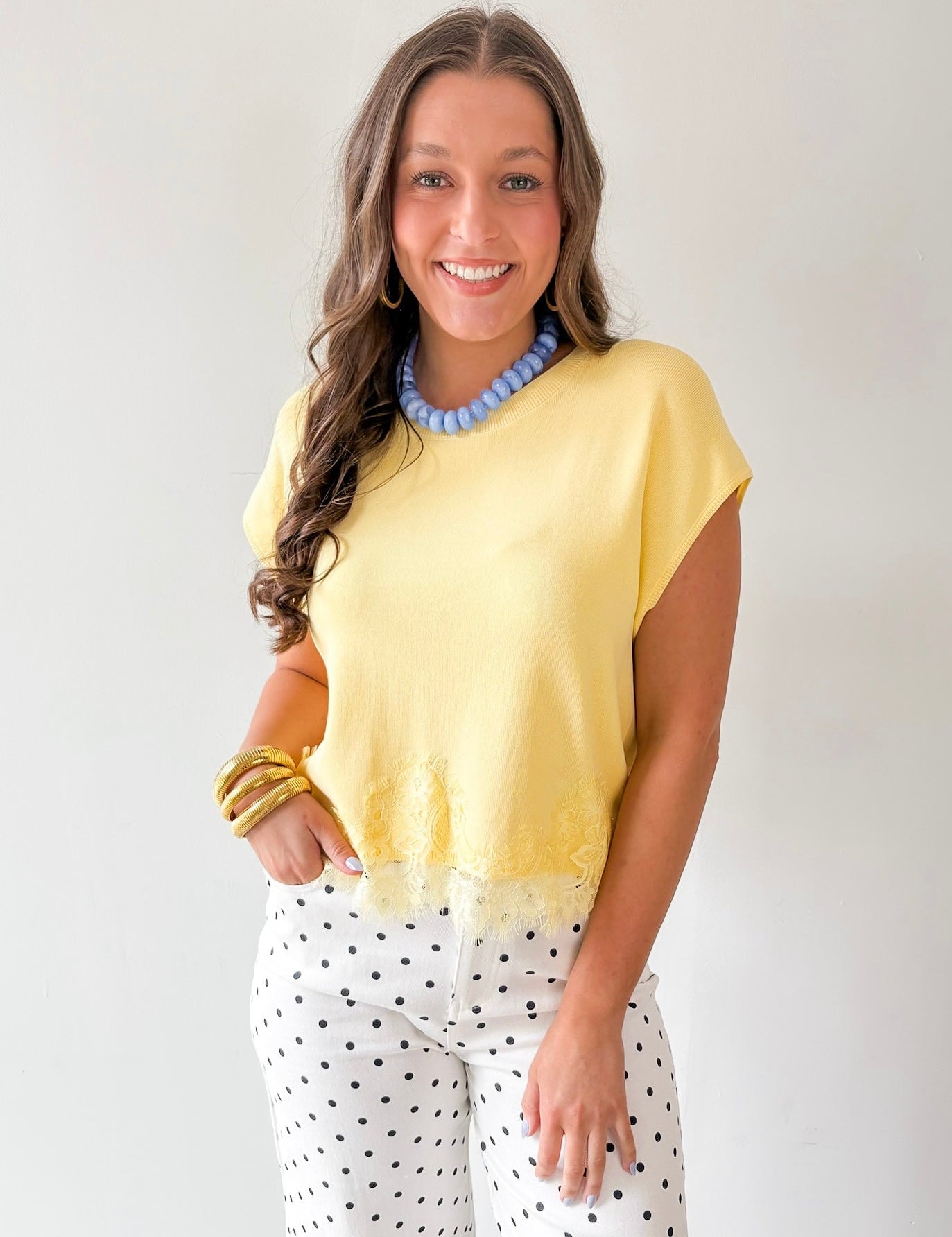 Solid Cap Sleeve Knit top with Lace Trim Hem