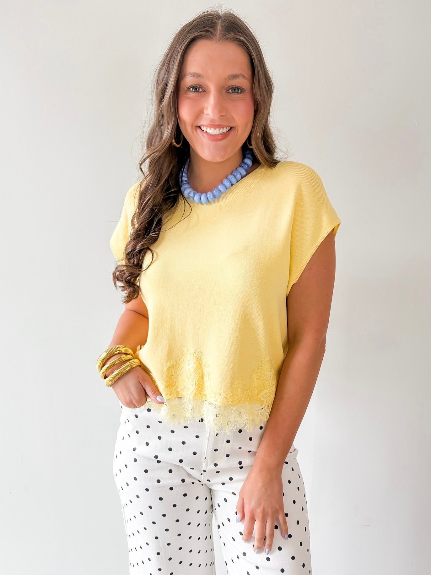 Solid Cap Sleeve Knit top with Lace Trim Hem