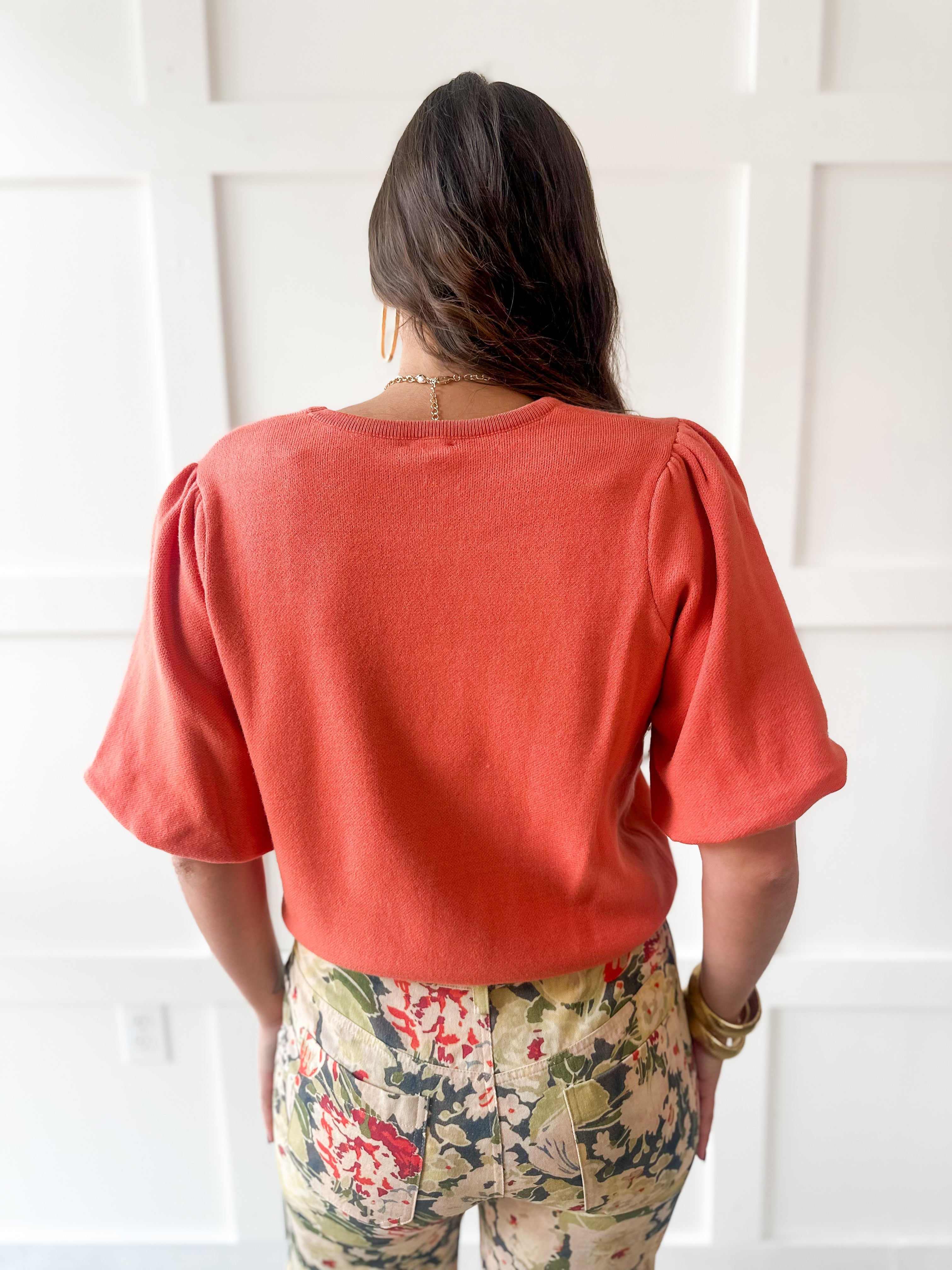 Solid Knit Bubble Sleeve Sweater Top - OJ