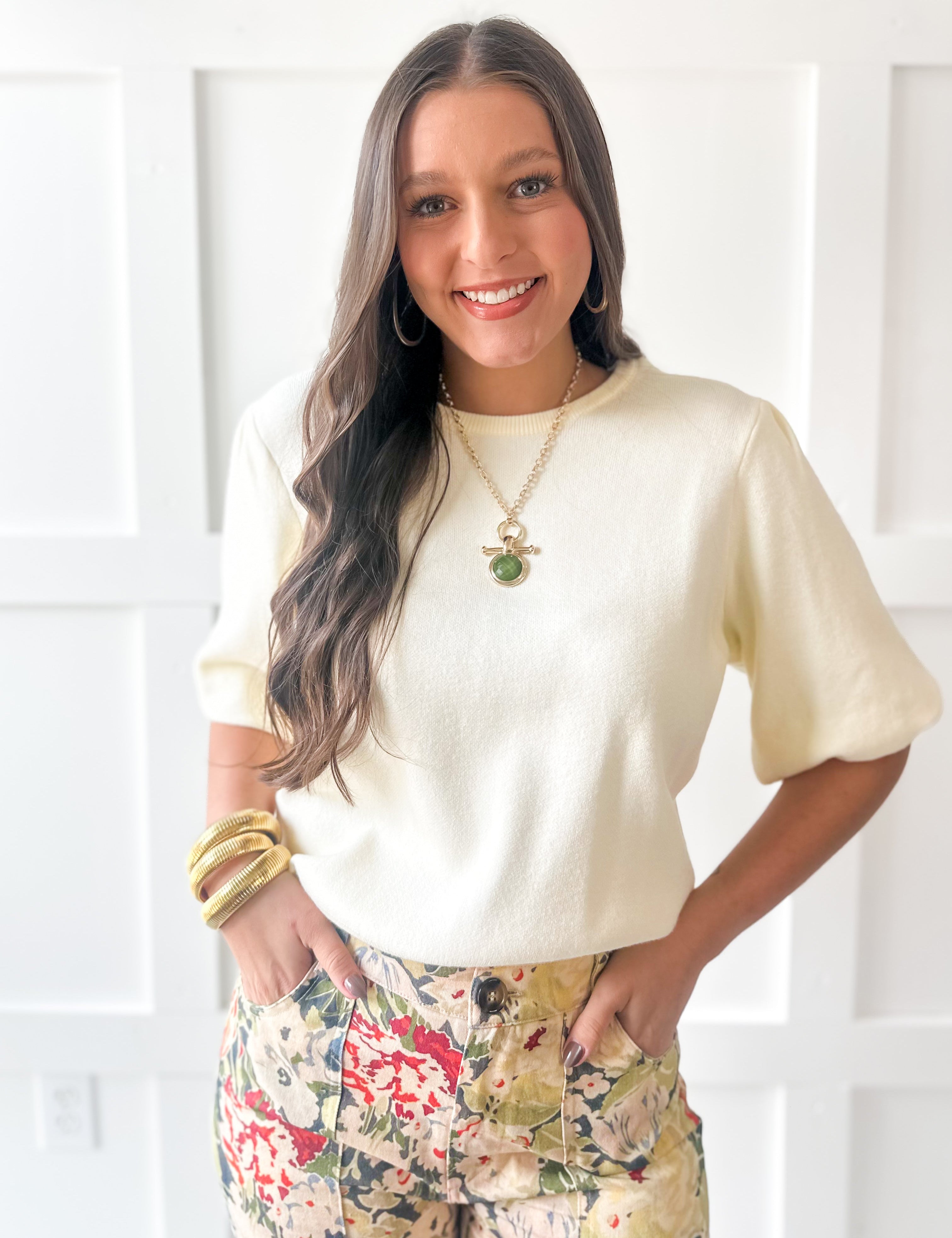 Solid Knit Bubble Sleeve Top