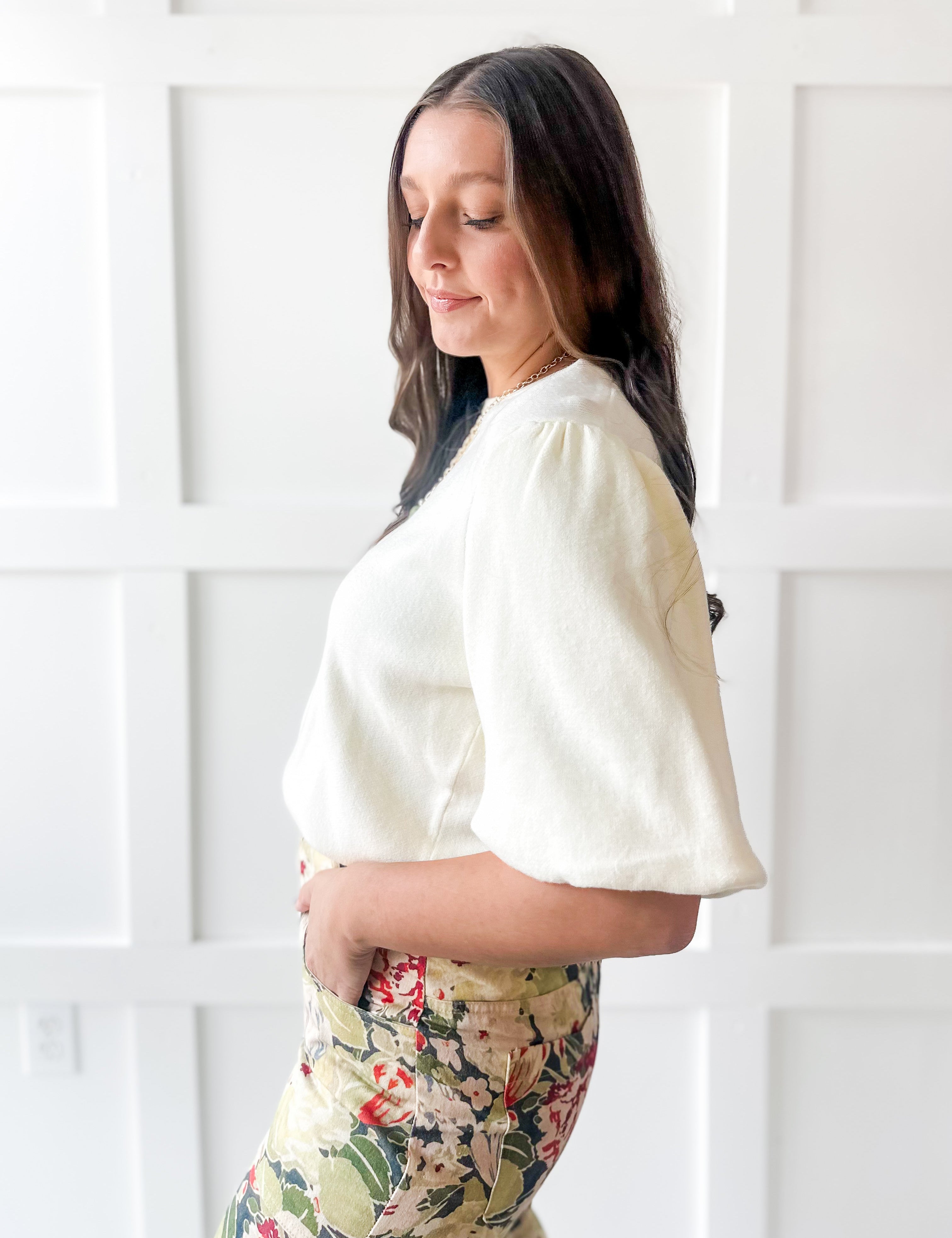 Solid Knit Bubble Sleeve Top