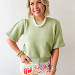 Solid Knit Bubble Sleeve Top - Olive