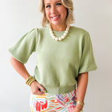 Solid Knit Bubble Sleeve Top - Olive