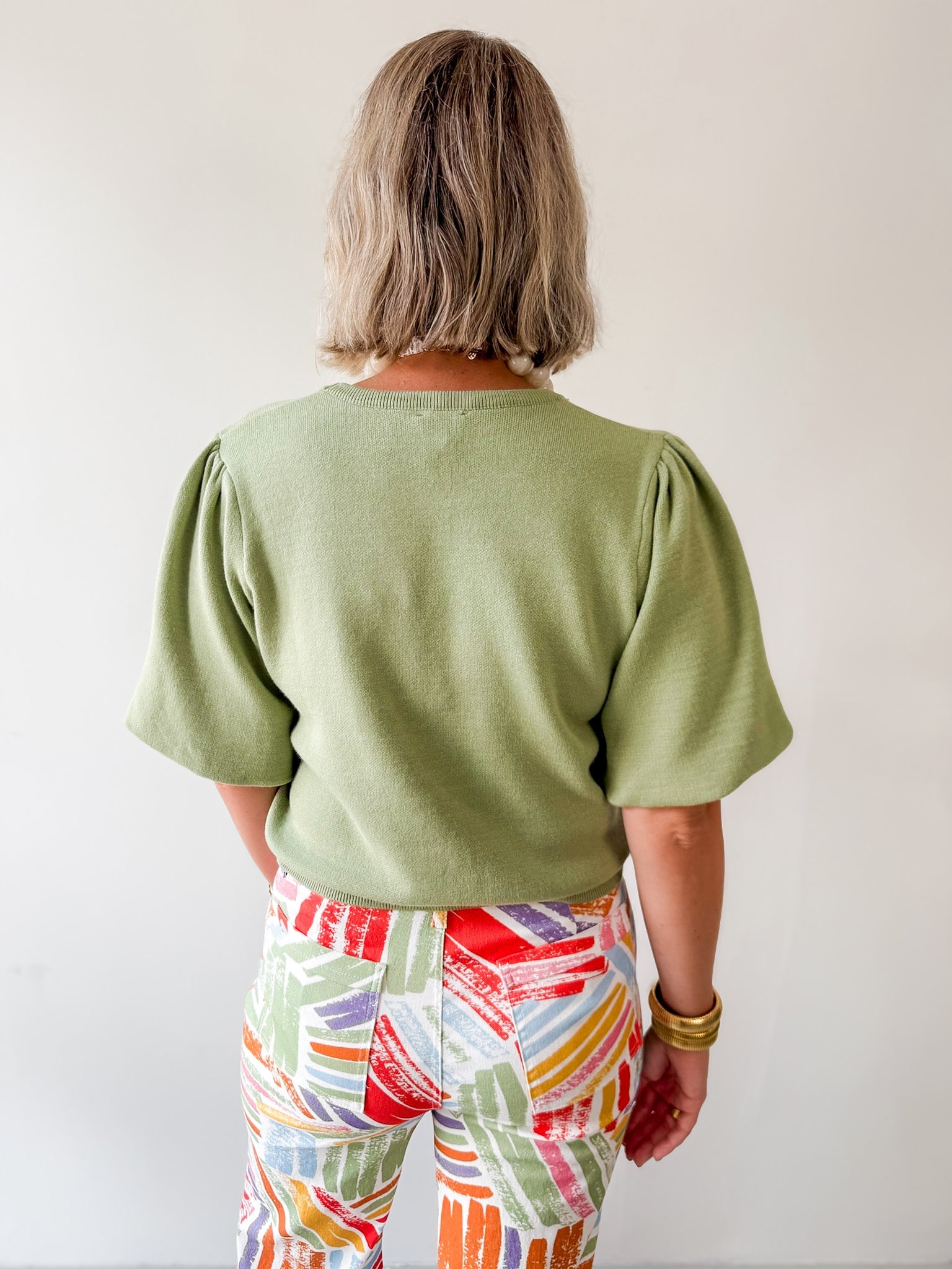 Solid Knit Bubble Sleeve Top - Olive