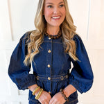 Solid ¾ Puff Sleeve Denim Top